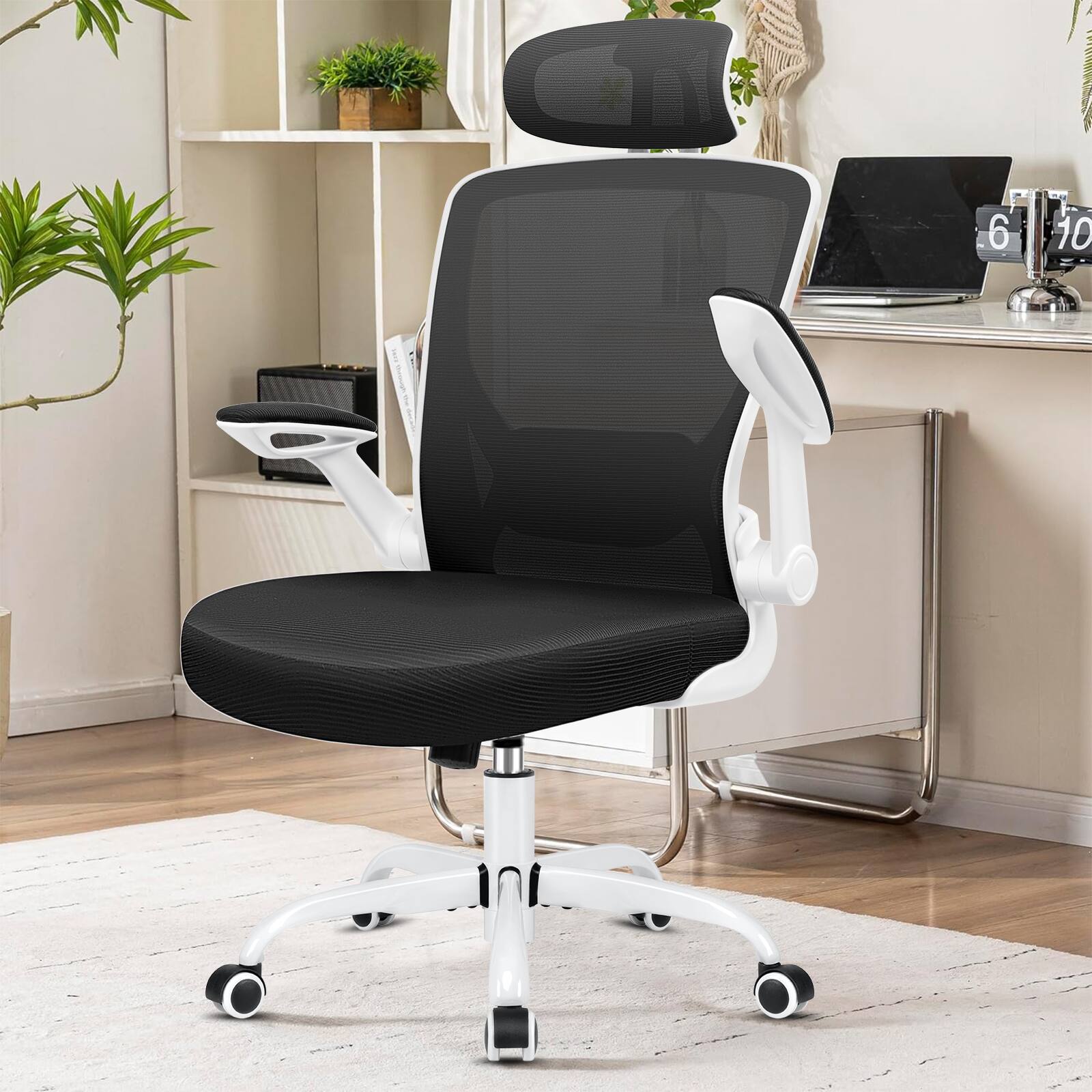 Alt View 4. KERDOM - Ergonomic Office Chair, High Back Mesh Chair, Adjustable Lumbar Support & Headrest, Flip-up Arms, Computer Gaming Chair - White.