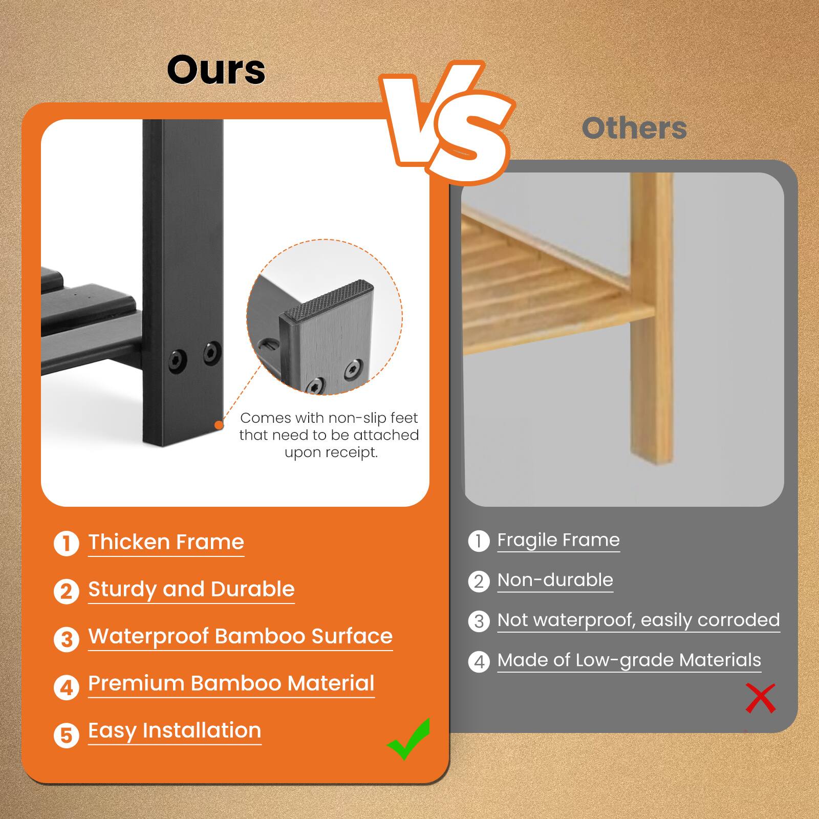 **Ours**

- Comes with non-slip feet that need to be attached upon receipt.
- 1. Thicken Frame
- 2. Sturdy and Durable
- 3. Waterproof Bamboo Surface
- 4. Premium Bamboo Material
- 5. Easy Installation

**Others**

- 1. Fragile Frame
- 2. Non-durable
- 3. Not waterproof, easily corroded
- 4. Made of Low-grade Materials