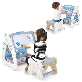 Costway - 3-In-1 Kids Art Easel with Stool Magnetic Dry-Erase Board with Book Rack Blue - Blue+Gray