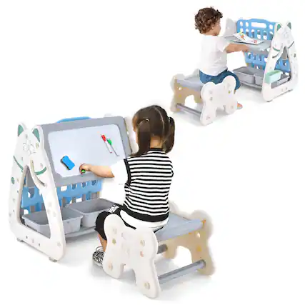 Front. Costway - 3-In-1 Kids Art Easel with Stool Magnetic Dry-Erase Board with Book Rack Blue - Blue+Gray.