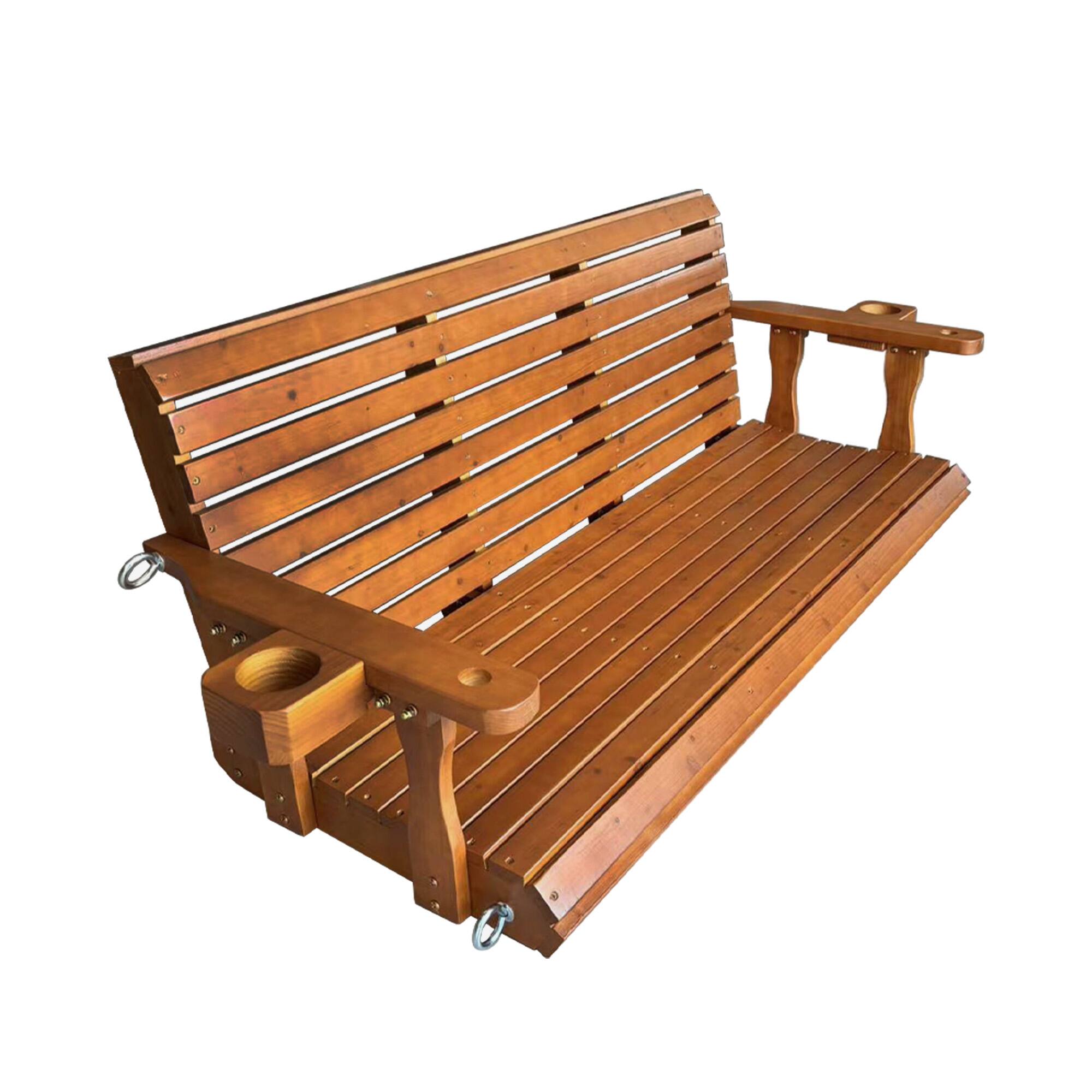 Alt View 4. Fortune Candy - Wooden 3-Seater Porch Swing w/Cupholders , High Back & Deep Seat, Chains & Springs, Heavy Duty 880lbs, 5FT - Teak Tone.