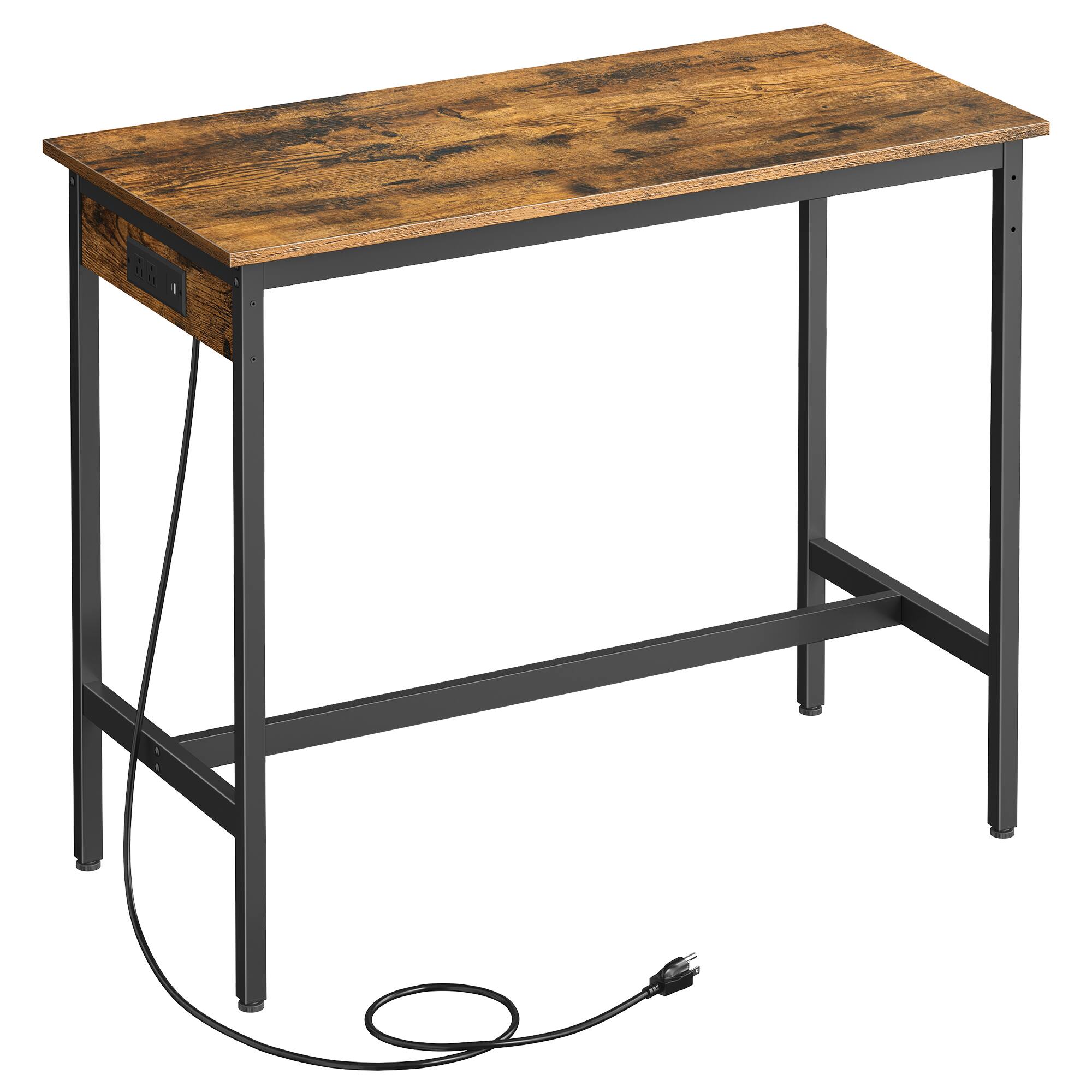 Front. Songmics Home - Bar Table, Narrow Long Kitchen Dining Table with Charging Station, Sturdy Metal Frame,  15.7 x 39.4 x 35.4 Inches - Rustic Brown and Ink Black.