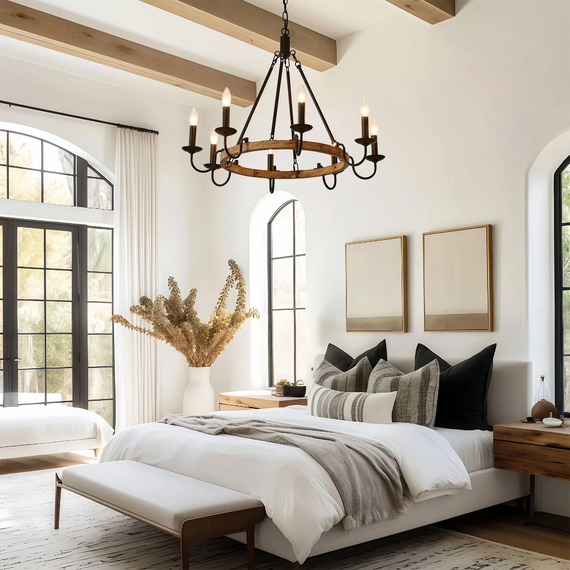 Back. RYHNUYNE - BAOURE 6-Light Rustic Wagon Wheel Chandelier, Farmhouse Dining Room Light Fixture, Round Wood Chandelier for Living Room - Black.