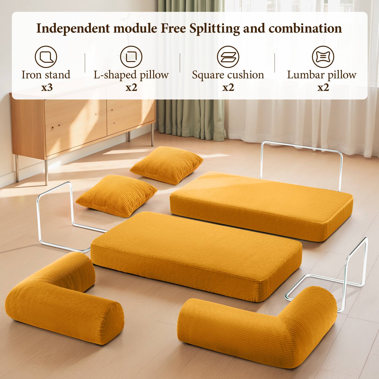 Independent module Free Splitting and combination
Iron stand x3
L-shaped pillow x2
Square cushion x2
Lumbar pillow x2
