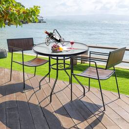 Mondawe - 32in Round Tempered Glass Patio Table w/ Umbrella Hole, Outdoor Steel Frame Side Table for Deck - Black