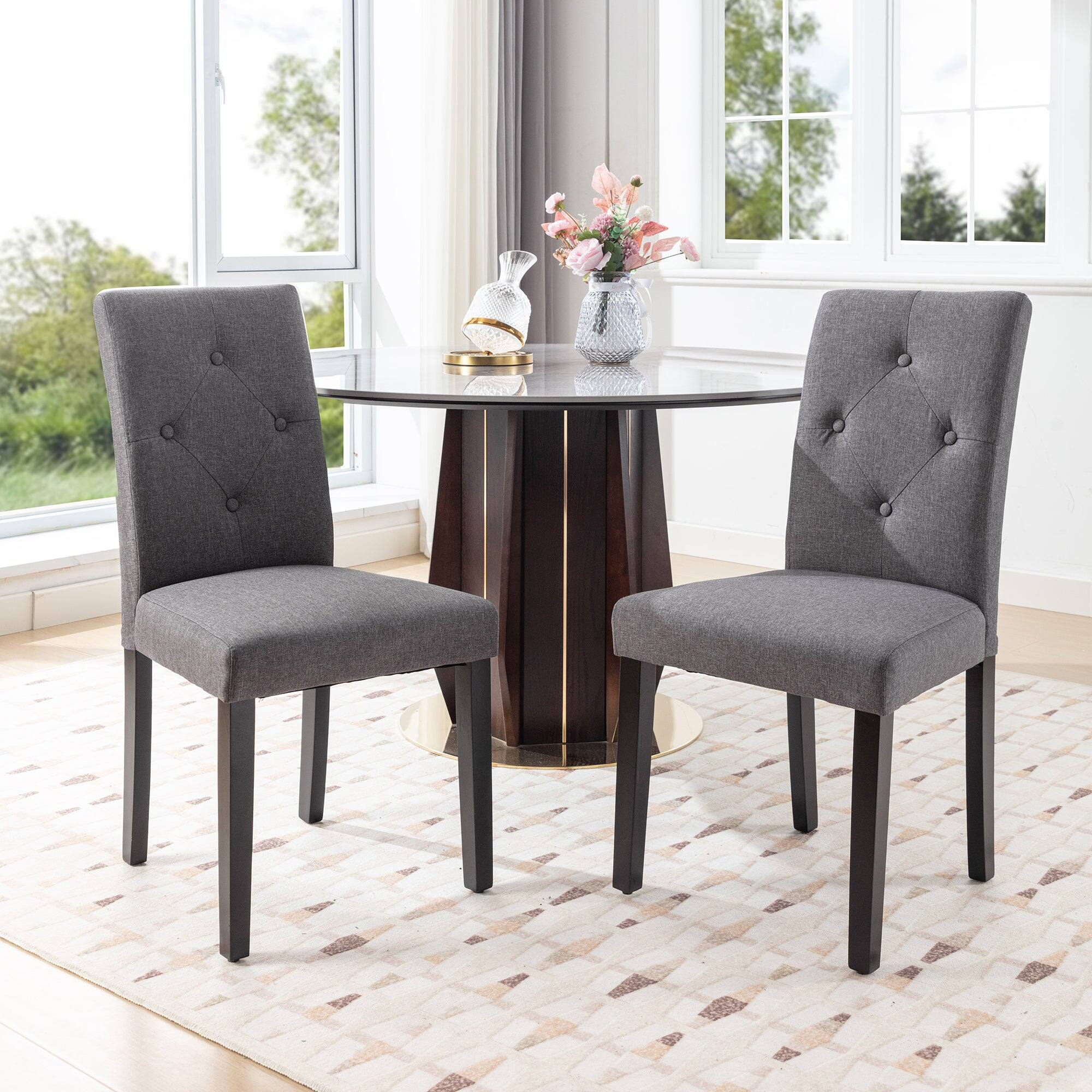 Front. Vecelo - Set of 2 Linen Dining Chairs  Upholstered Chairs- Ergonomic High Back, 260lb Capacity, Solid Wood Legs - Dark Grey.