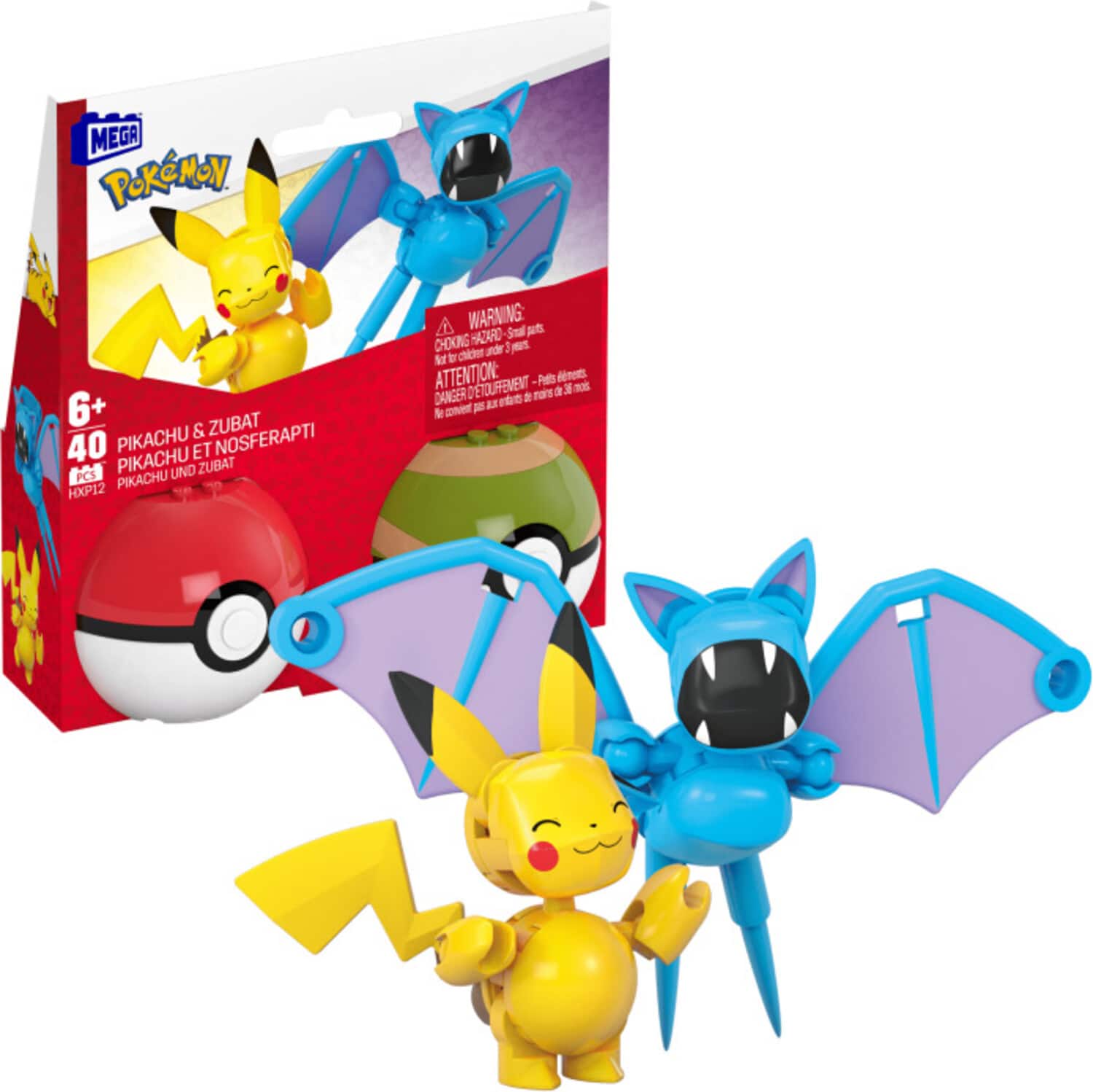Mega Bloks - Pokemon: Pokeball 2-Pack Pikachu & Zubat, 40 Piece Building Toy Set - Multicolor