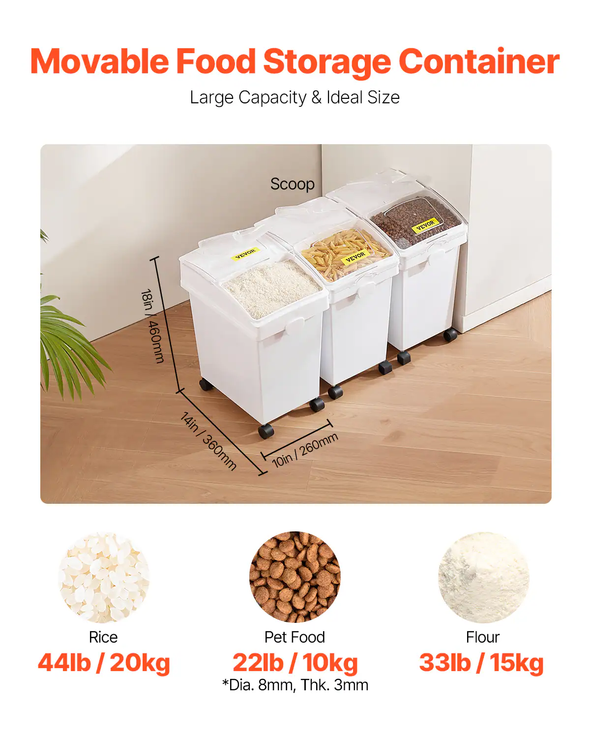 Movable Food Storage Container, Large Capacity & Ideal Size, Scoop, VEVOR, VEVOR, VEVOR, 18in 460mm, 14in - 360mm, 260mm, 10in, Rice, Pet Food, Flour, 44lb /20kg, 22lb /10kg, 33lb /15kg, *Dia. 8mm, Thk. 3mm