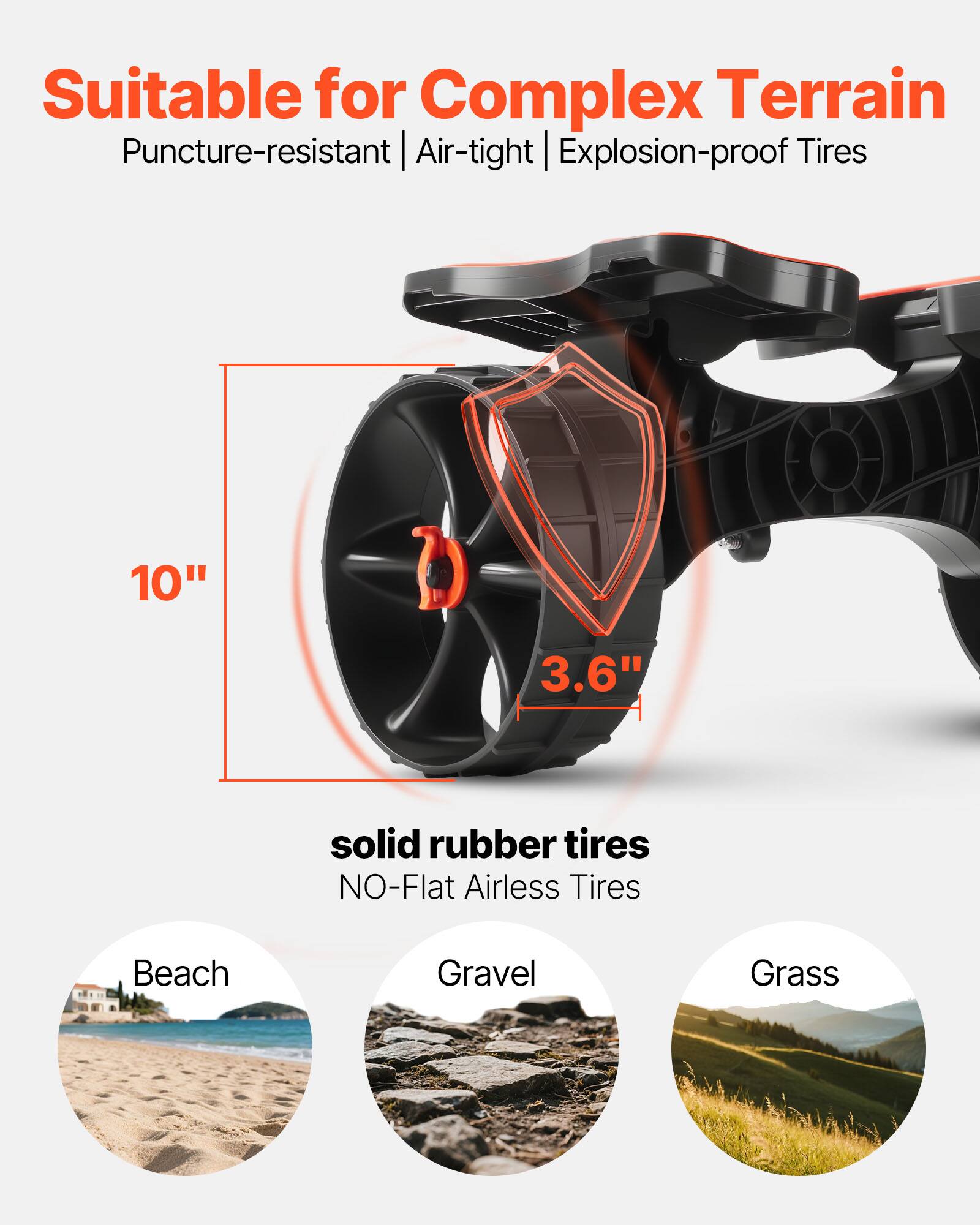Suitable for Complex Terrain  
Puncture-resistant | Air-tight | Explosion-proof Tires  

10" C 3.6" solid rubber tires  
NO-Flat Airless Tires  

Beach | Gravel | Grass
