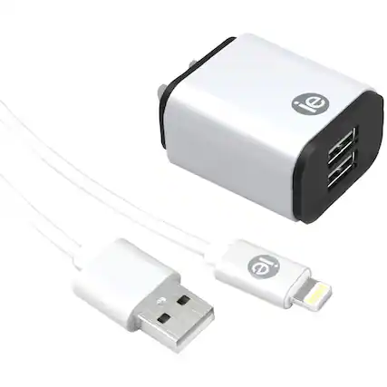 Front. iEssentials - 2.4-Amp Dual USB Wall Charger with Lightning to USB-A Cable, 4ft - White.