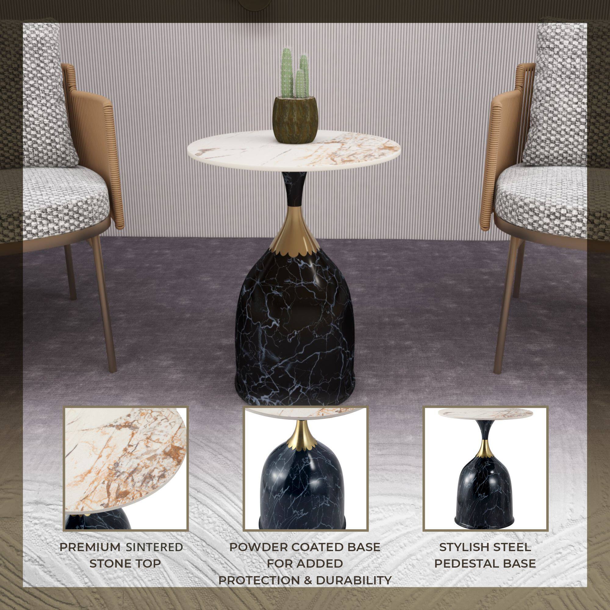 PREMIUM SINTERED STONE TOP

POWDER COATED BASE FOR ADDED PROTECTION & DURABILITY

STYLISH STEEL PEDESTAL BASE