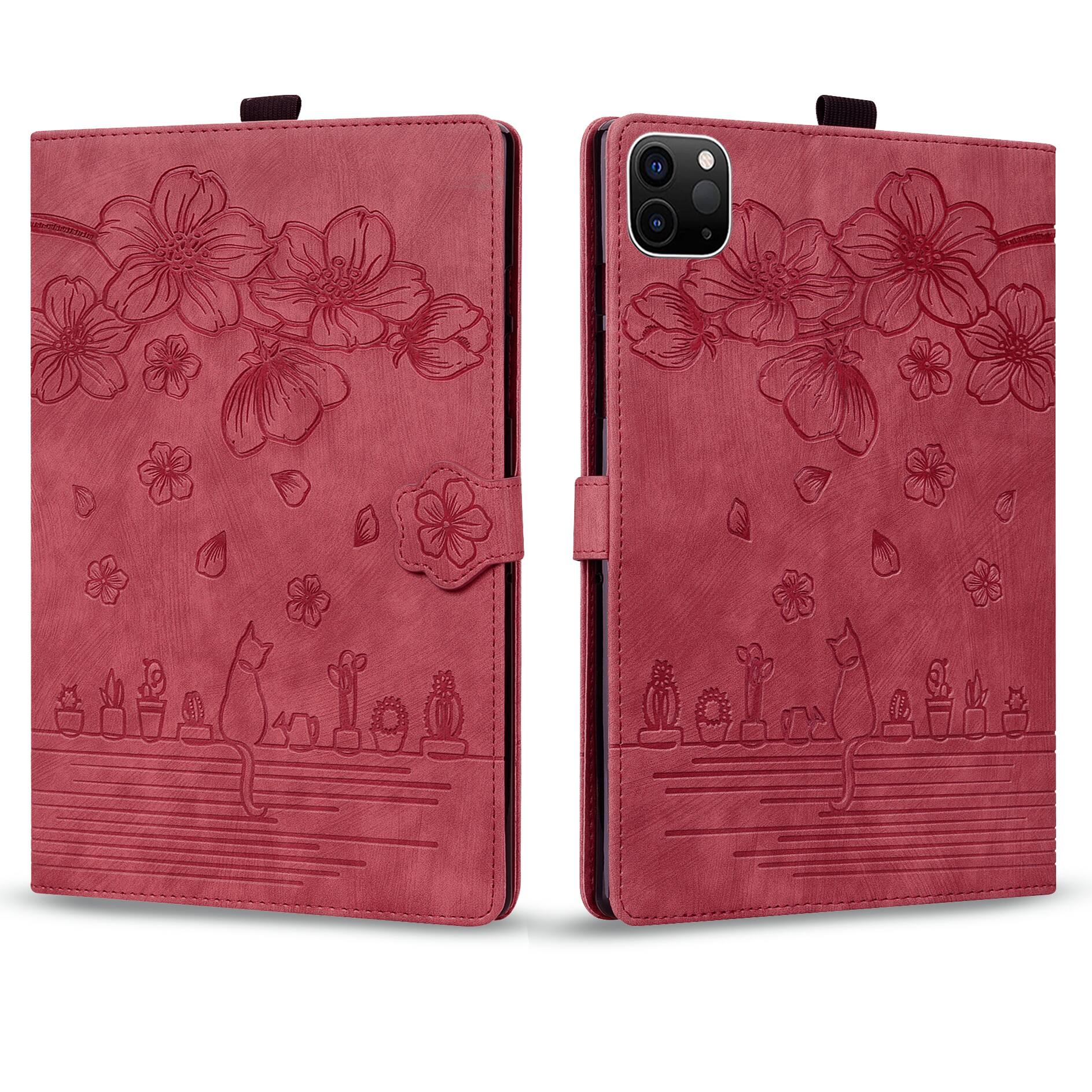 Left. Dteck - For Apple iPad Pro (M4) 11'' 2024/ iPad Pro (M5) 11" 2025 Embossed Flower Pattern Folio Case Card Slots Kickstand Cover - Winered.