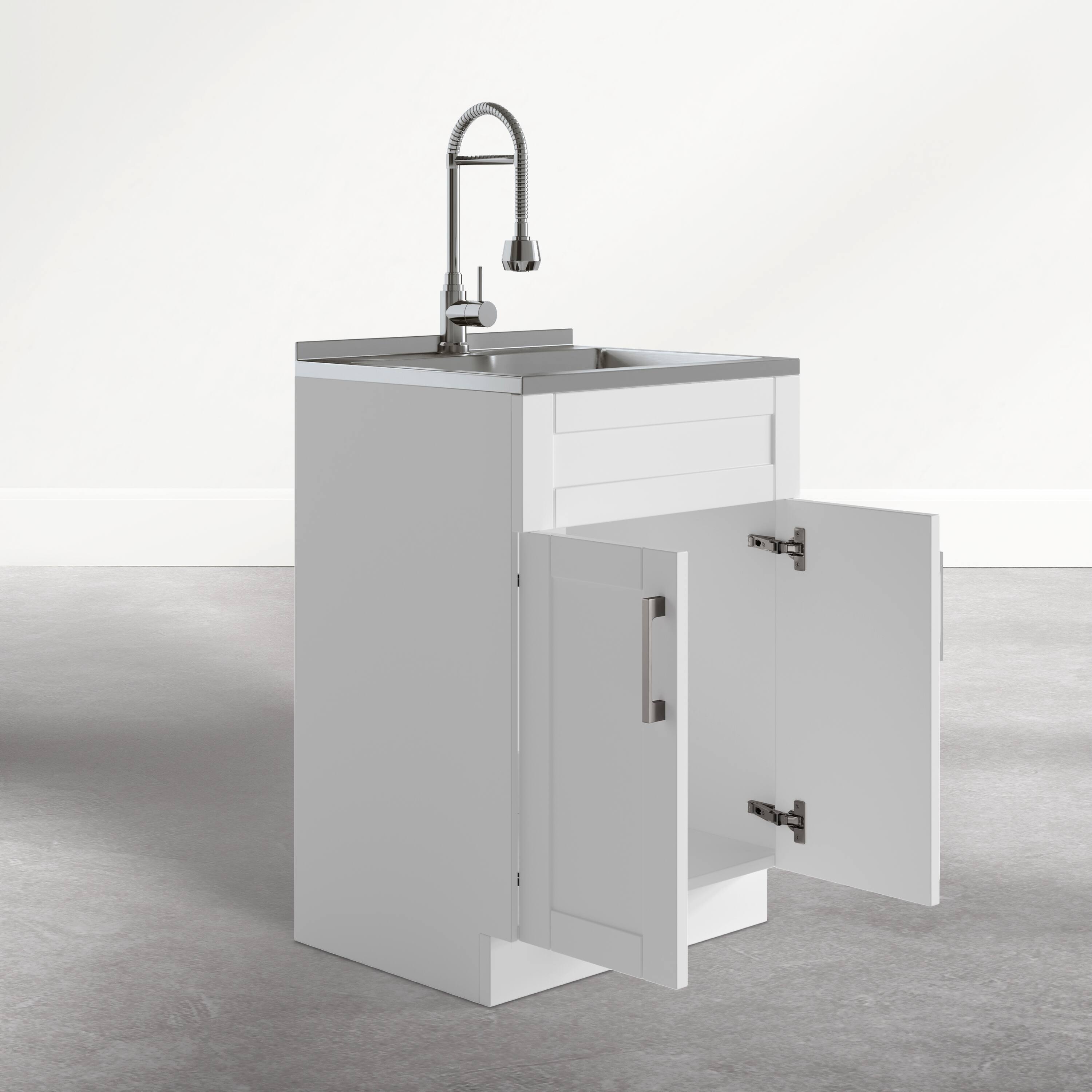 Left. Simpli Home - Hennessy 24 inch Wide Utility Sink and Laundry Cabinet, Glacier White Finish - Glacier White.