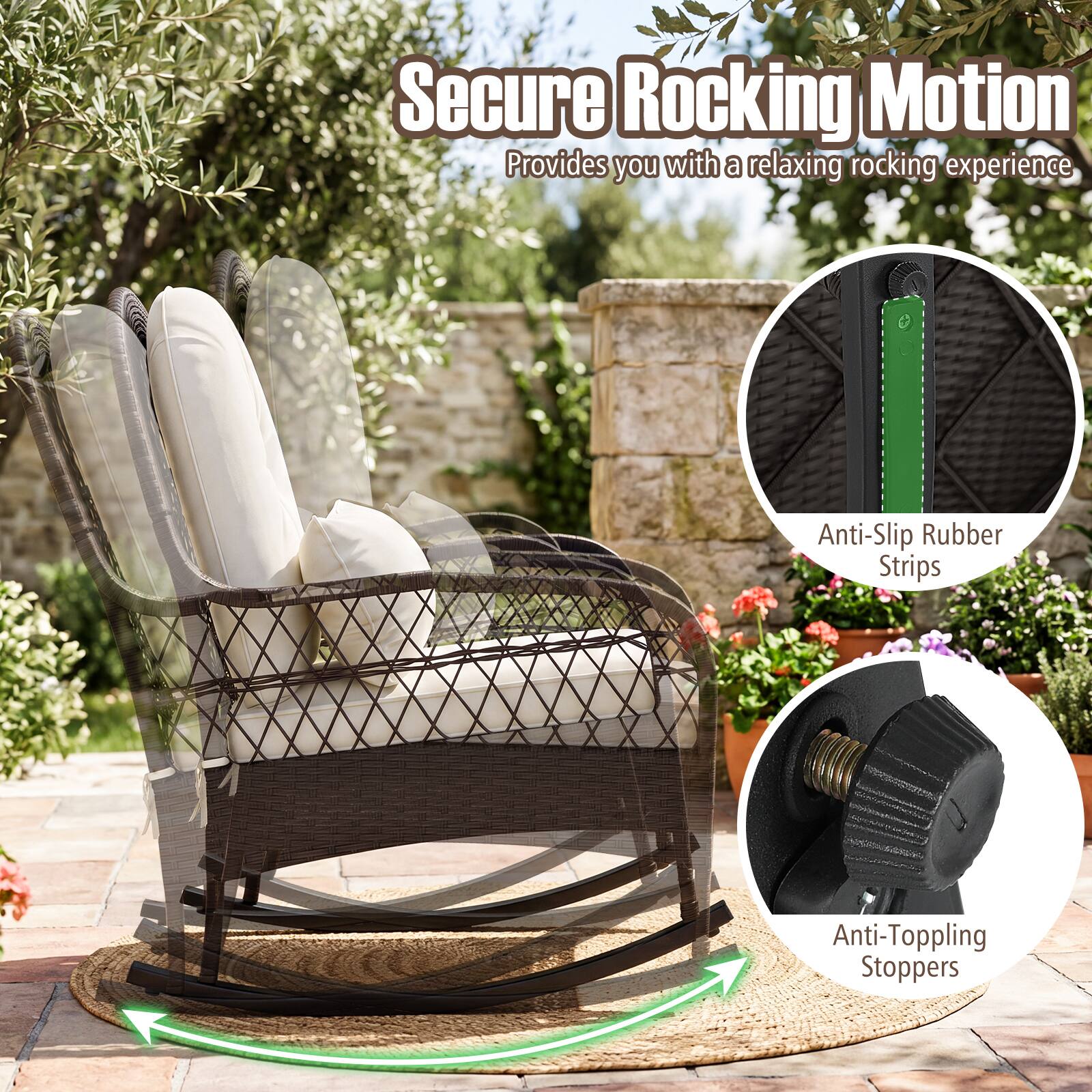 Secure Rocking Motion  
Provides you with a relaxing rocking experience  

Anti-Slip Rubber Strips  
Anti-Toppling Stoppers