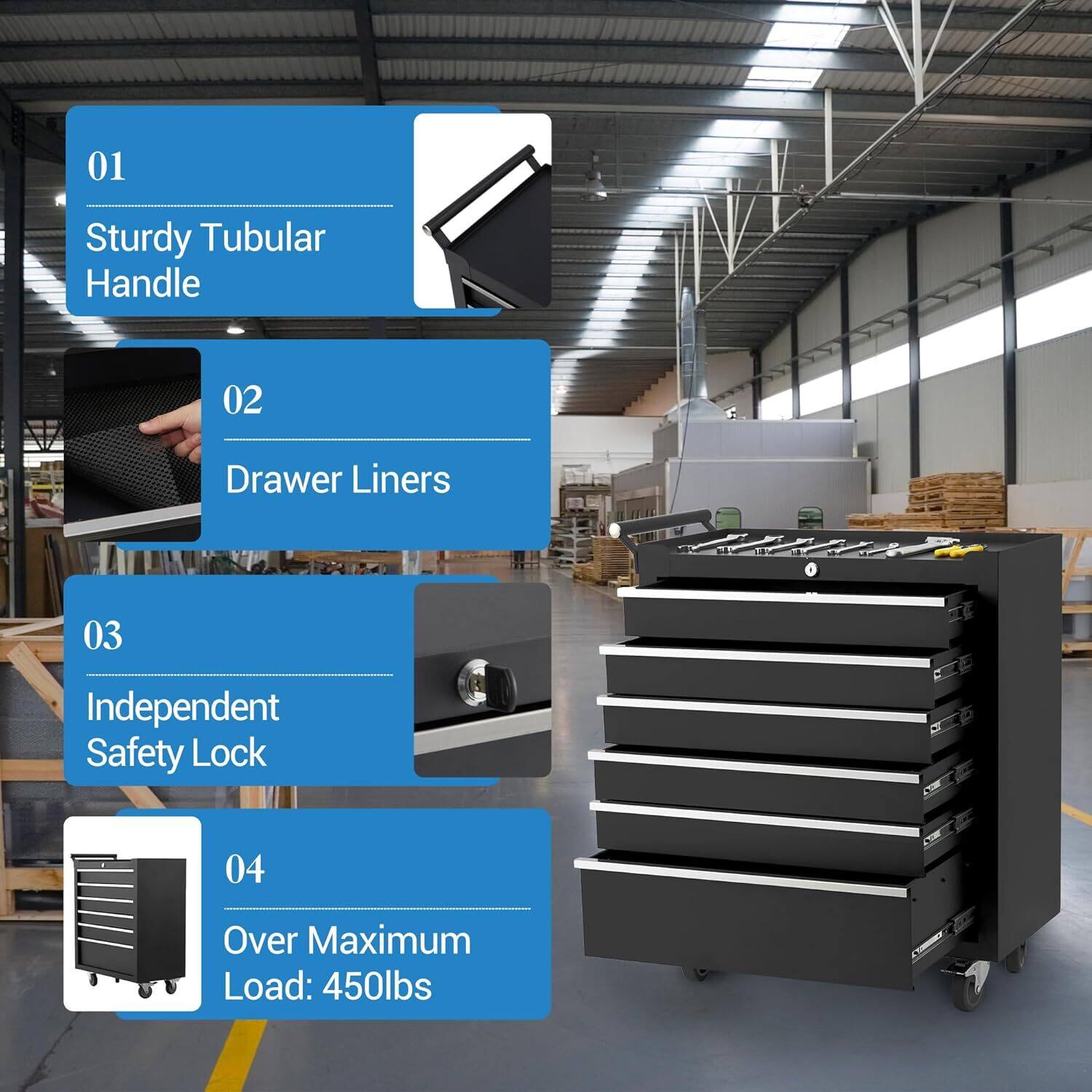 01 Sturdy Tubular Handle  
02 Drawer Liners  
03 Independent Safety Lock  
04 Over Maximum Load: 450lbs