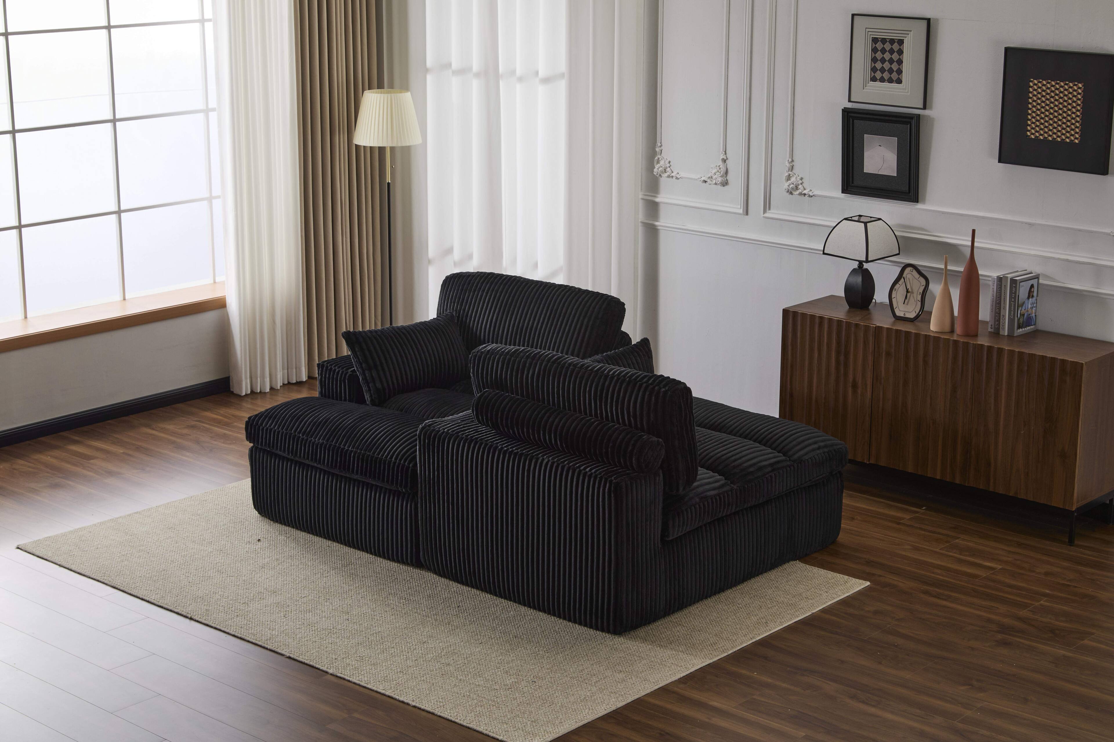 Left. Roomtec - Double Chaise Lounge Chair IndoorOversized Upholstered Sleeper Cloud CouchDeep Seat Luxury Sofa BedSectional Sofa - Black.