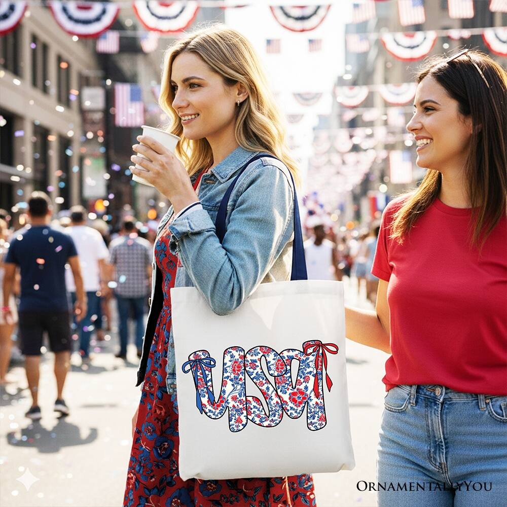 Left. OrnamentallyYou - Floral USA Patriotic Canvas Tote Bag, 4th of July Gift Shopper for Stylish Women - White Navy.