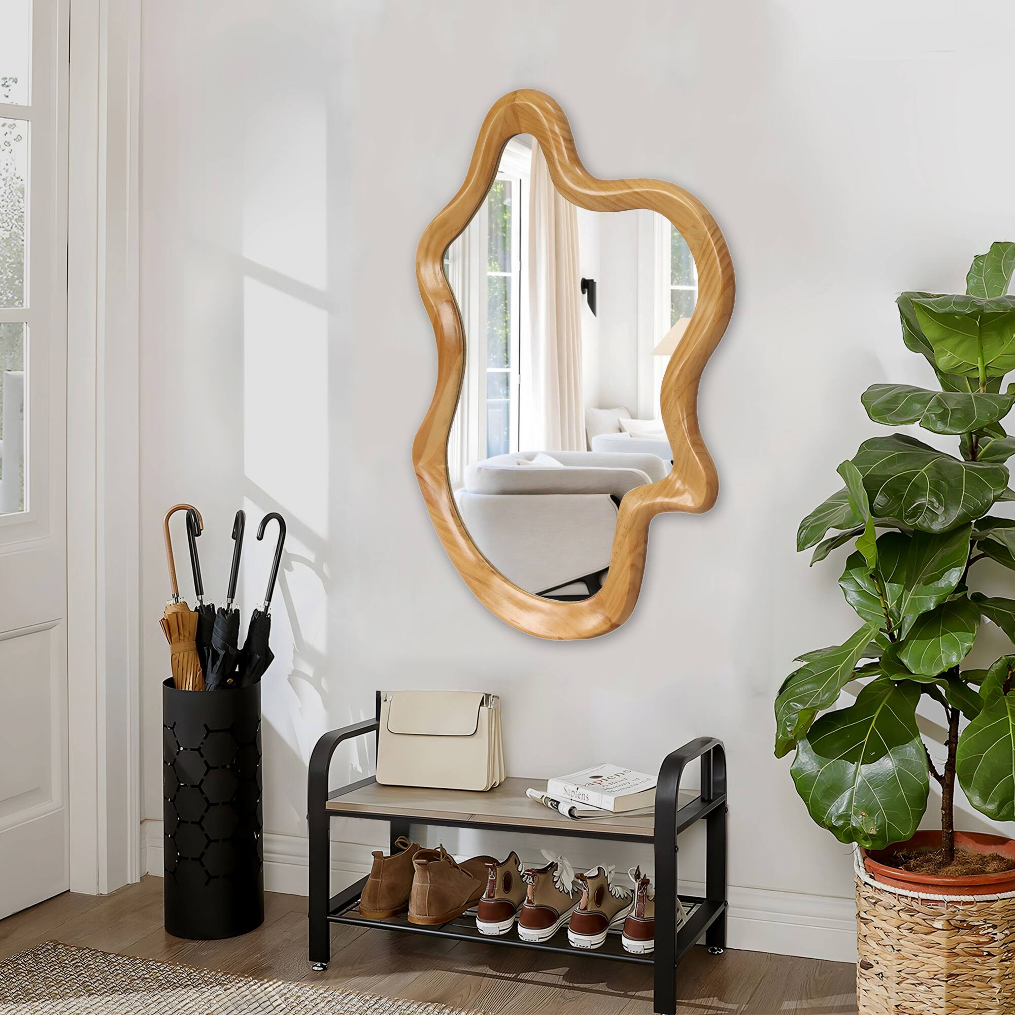 Alt View 1. PAIHOME - 33.46" x 22.24" Irregular Shaped Wall Mirror with Natural Wood Frame, Decorative Bathroom Bedroom Vanity Mirror - Natural Wood.