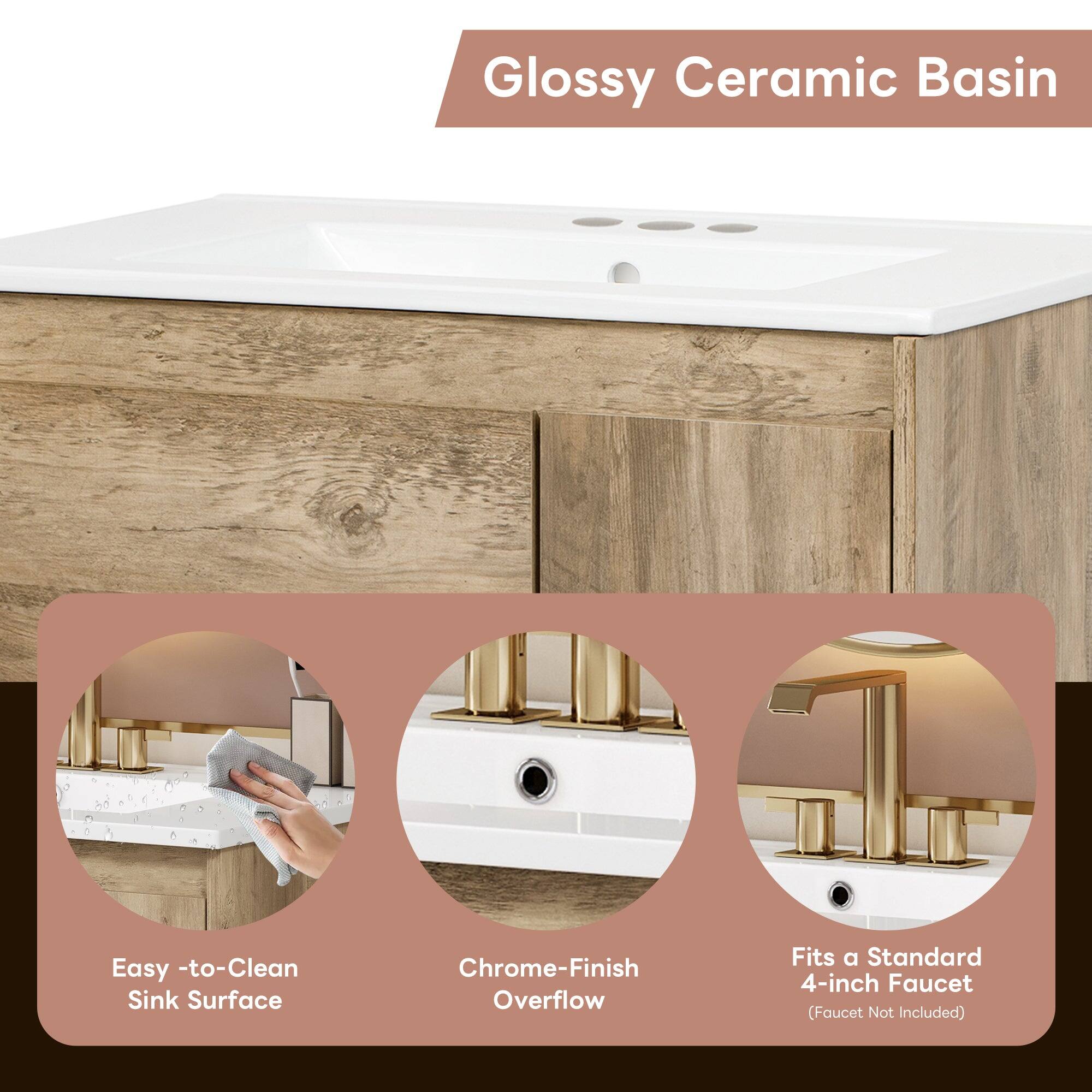 Glossy Ceramic Basin

- Easy-to-Clean Sink Surface
- Chrome-Finish Overflow
- Fits a Standard 4-inch Faucet (Faucet Not Included)