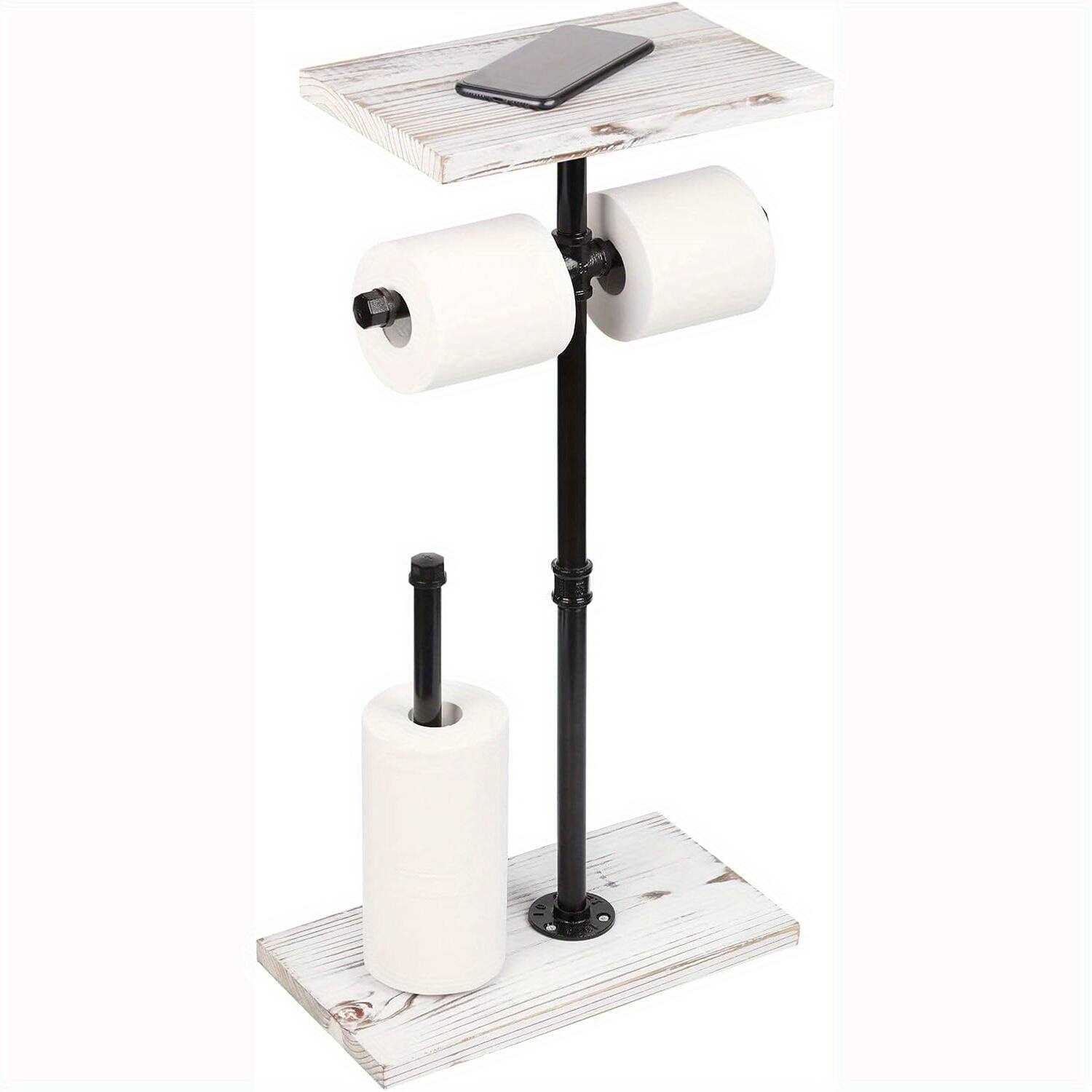 Front. Oumilen - Industrial Pipe Freestanding Toilet Paper Holder with Wooden Shelf – Double Roll Rack.