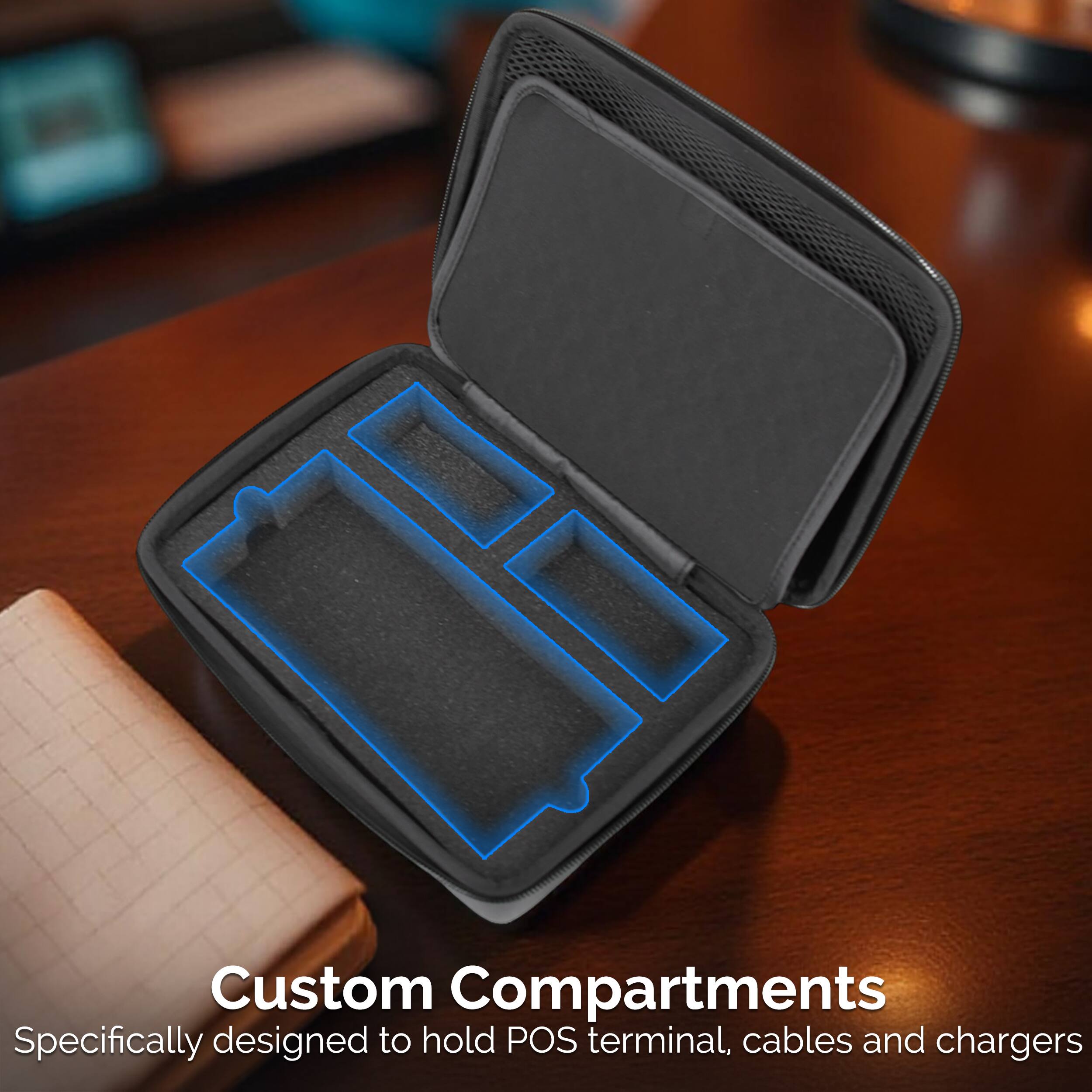 Custom Compartments  
Specifically designed to hold POS terminal, cables and chargers
