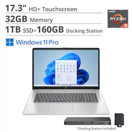 HP - 17.3" HD+ Touchscreen Laptop,Ryzen 5 7430U,32GB RAM,2TB SSD+160GB Dock Set,AMD Radeon GPU,Wi-Fi 6,Win 11 Pro - Silver