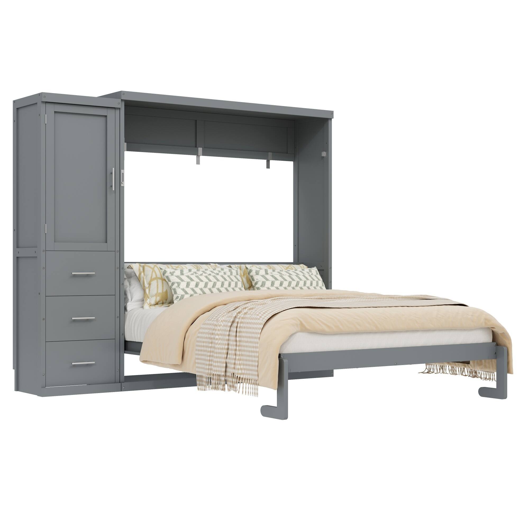 Back. Whisen - Queen Size Murphy Bed with Wardrobe and Drawers, Space-Saving Folding Bed for Guest Room and Small Spaces - Gray.