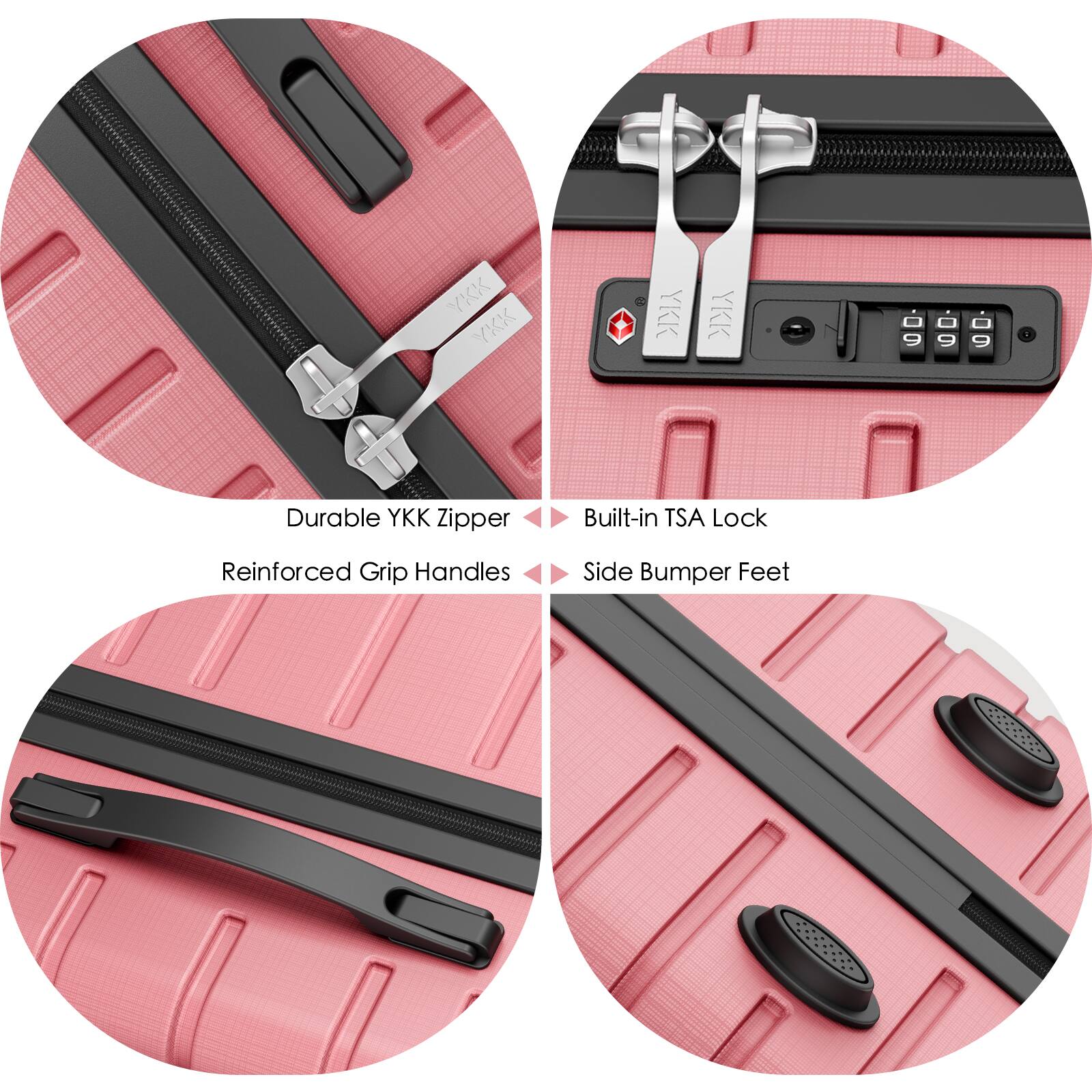 - Durable YKK Zipper
- Built-in TSA Lock
- Reinforced Grip Handles
- Side Bumper Feet