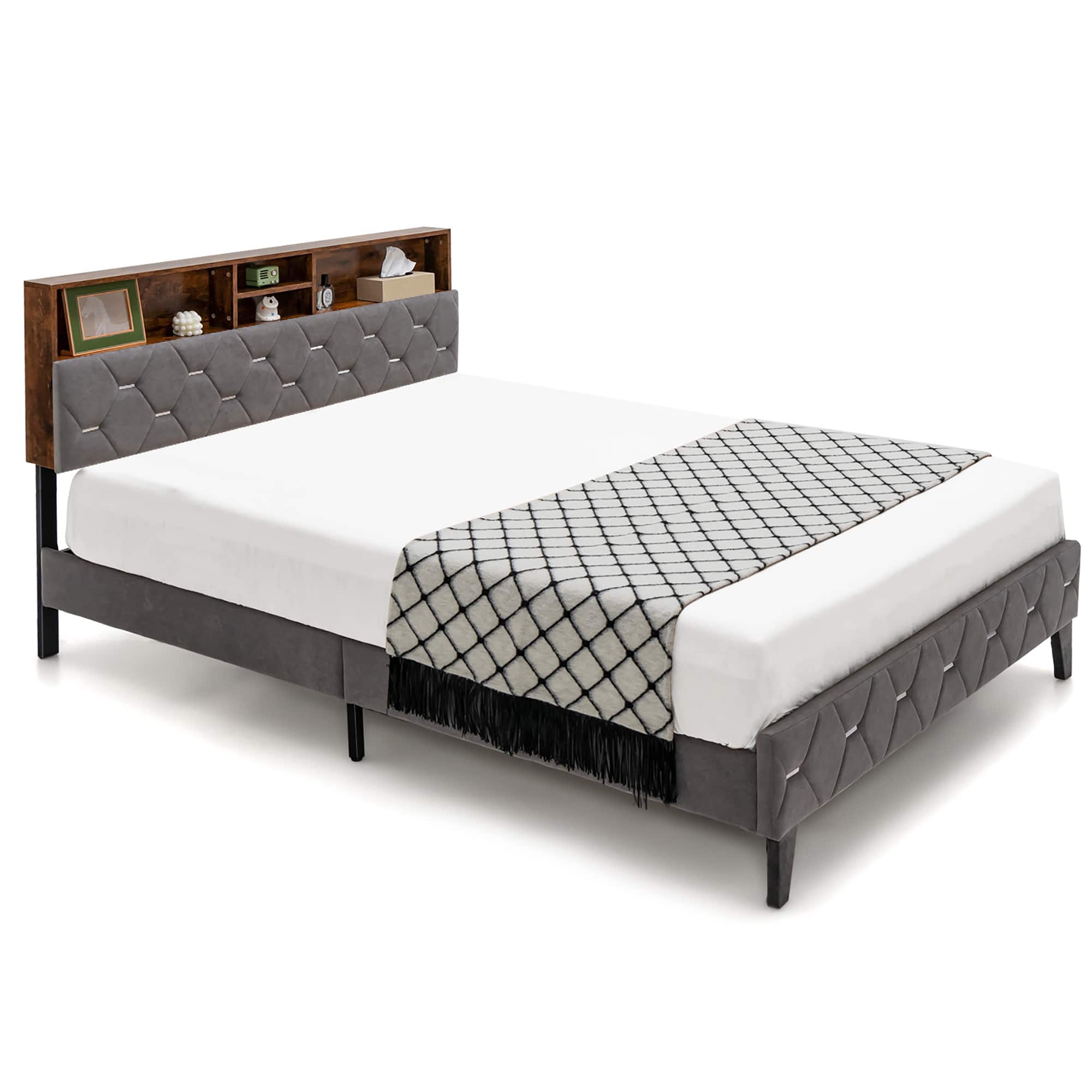 Costway - Queen Bed Frame Upholstered Platform Mattress Foundation with Storage Headboard - Rustic Brown,Grey