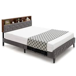 Costway - Queen Bed Frame Upholstered Platform Mattress Foundation with Storage Headboard - Rustic Brown,Grey