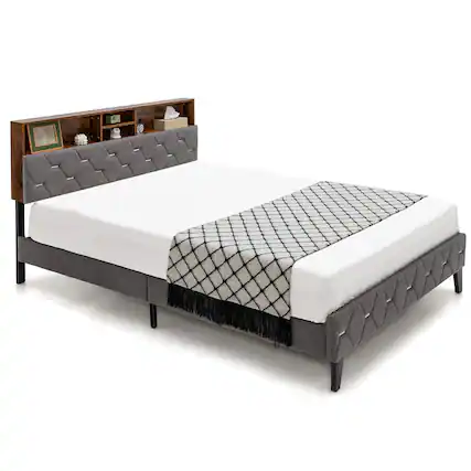 Front. Costway - Costway Queen Bed Frame Upholstered Platform Mattress Foundation with Storage Headboard - Rustic Brown,Grey.