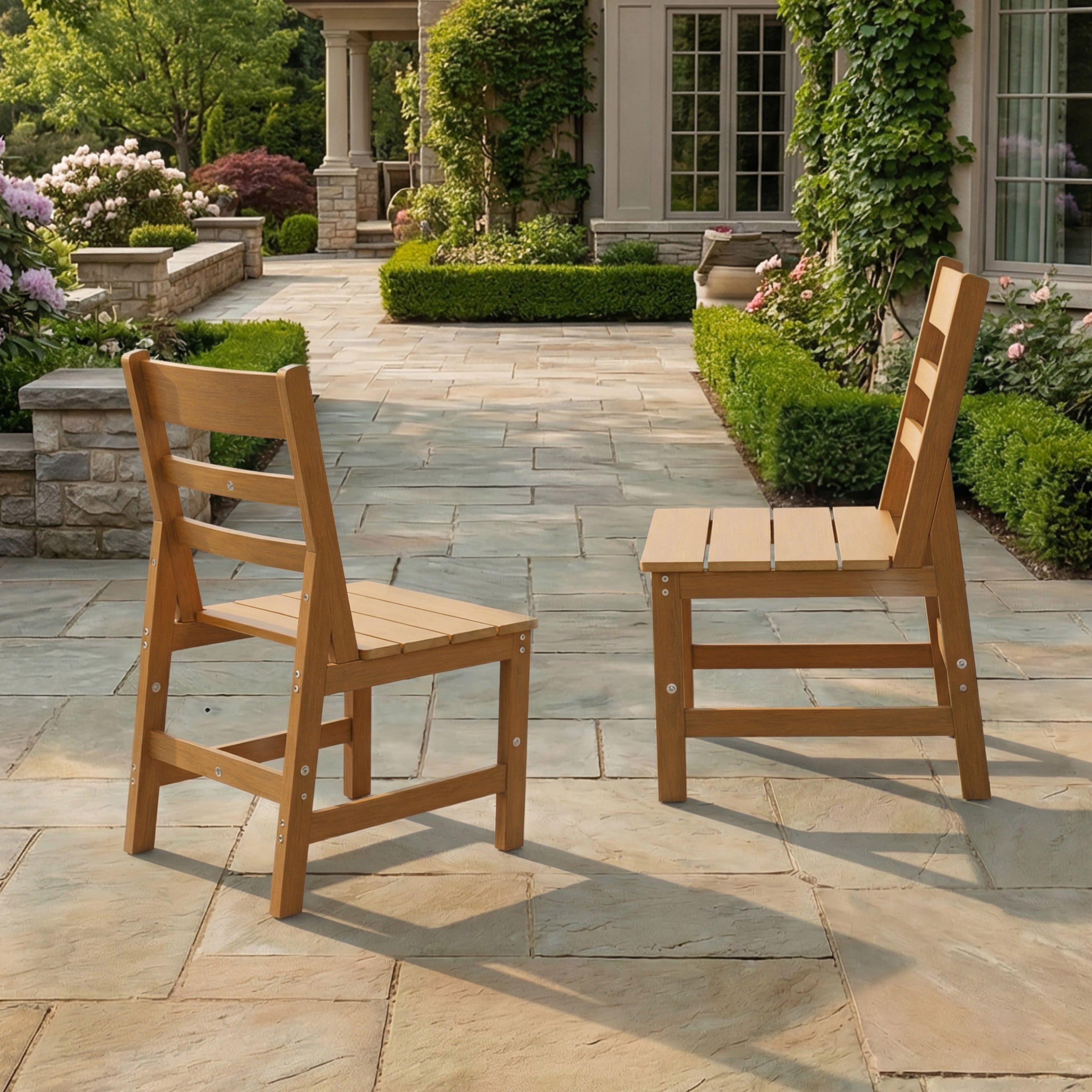 Famapy - Pairs of Teak-Style Outdoor Patio Dining Chair HDPS Aluminum Frame, Weatherproof & Low-Maintenance for Garden Poolside - Wooden