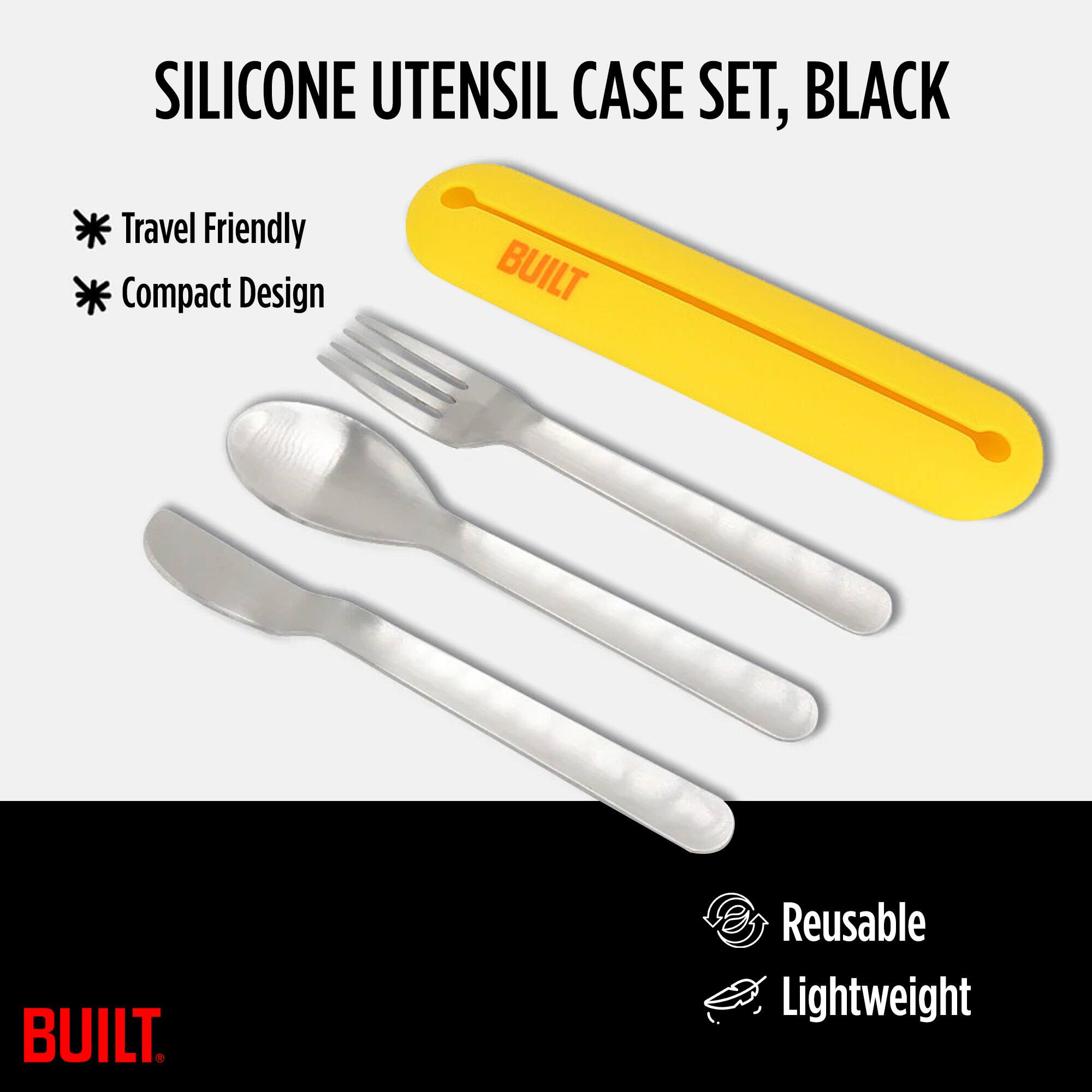 SILICONE UTENSIL CASE SET, BLACK  
Travel Friendly  
Compact Design  
Reusable  
Lightweight