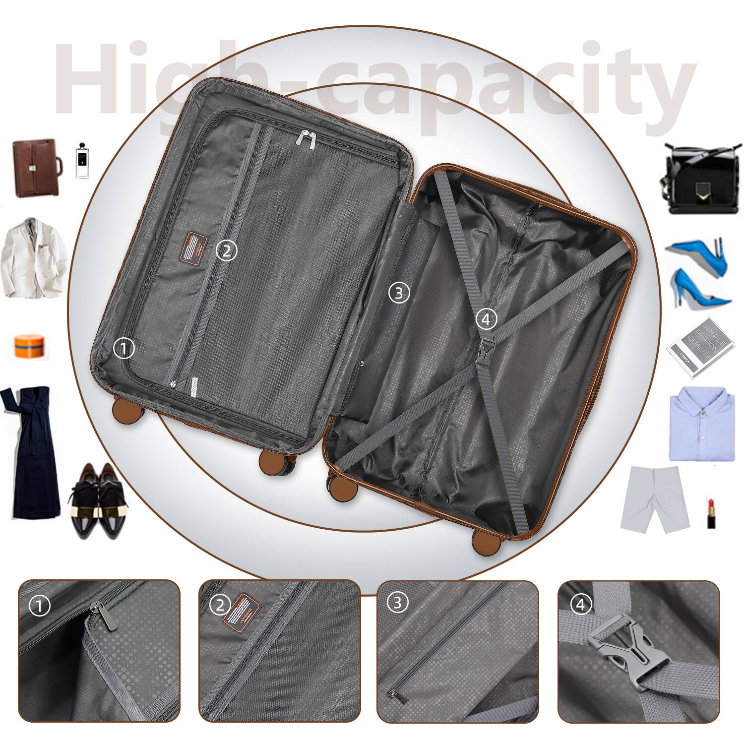 High Capacity

1. Zipper compartment
2. Mesh pocket
3. Packing straps
4. Compression straps