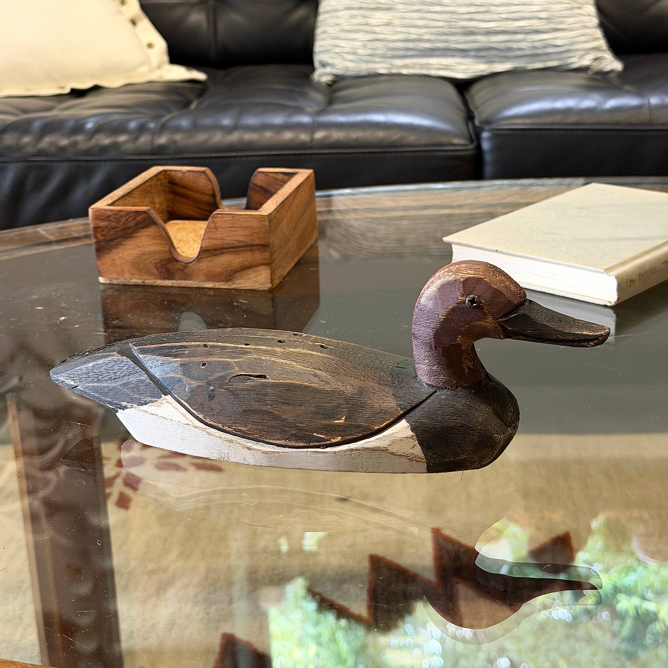 Alt View 5. Things2Die4 - Rustic Hand-Carved Wood Duck Figurine 10.5 Inch Distressed Tabletop Decor - Red/Brown.