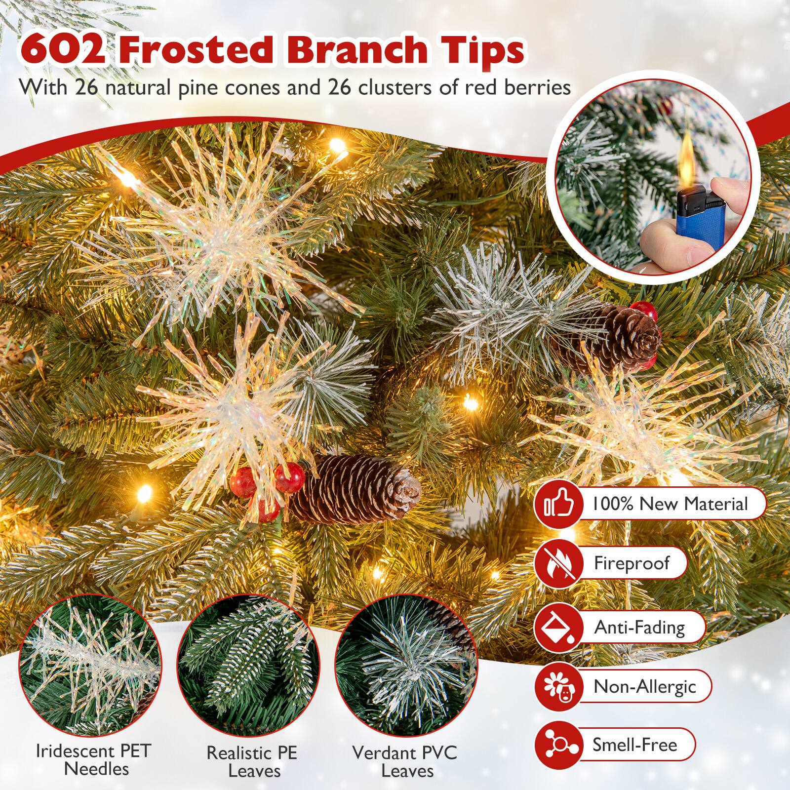 602 Frosted Branch Tips With 26 natural pine cones and 26 clusters of red berries

100% New Material
Fireproof
Anti-Fading
Non-Allergic
Iridescent PET Needles
Realistic PE Leaves
Verdant PVC Leaves
Smell-Free
