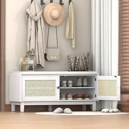 Front. Whisen - Rattan Shoe Storage Bench with Double Doors and Adjustable Shelves-White - White.