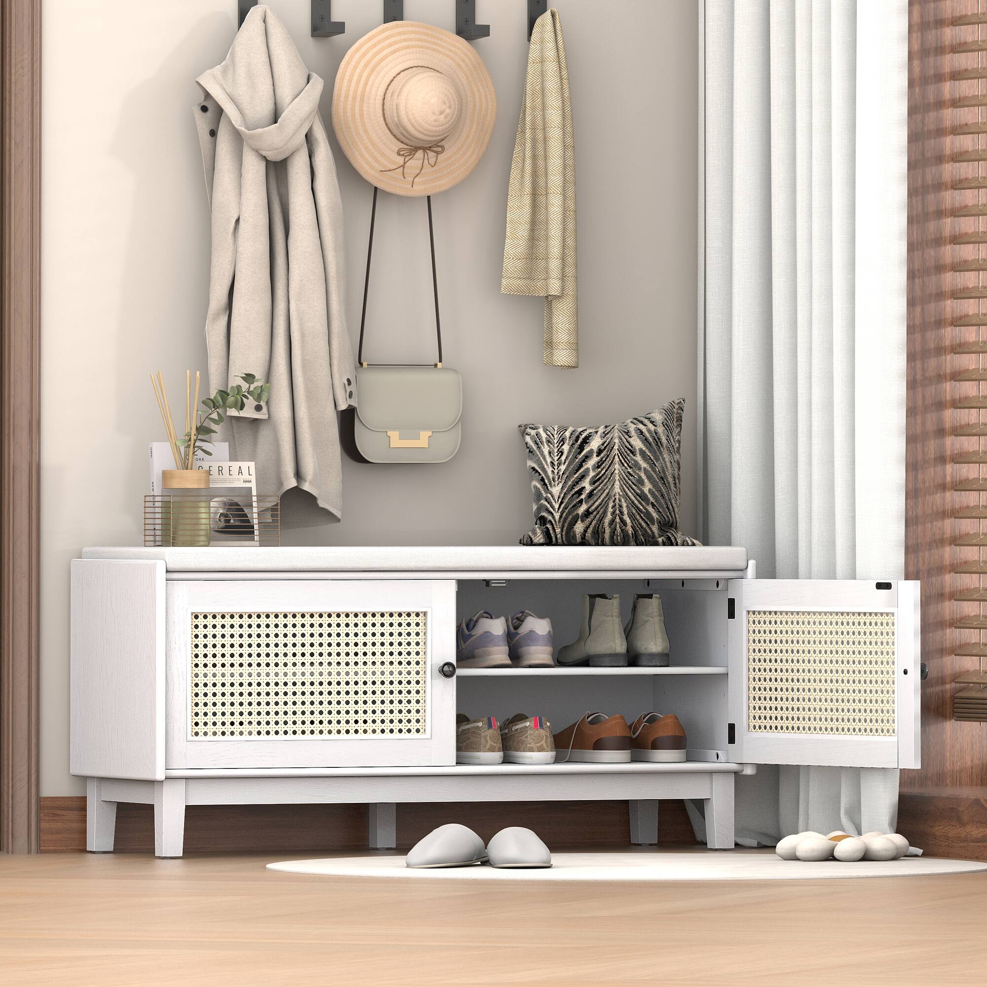 Front. Whisen - Rattan Shoe Storage Bench with Double Doors and Adjustable Shelves-White - White.