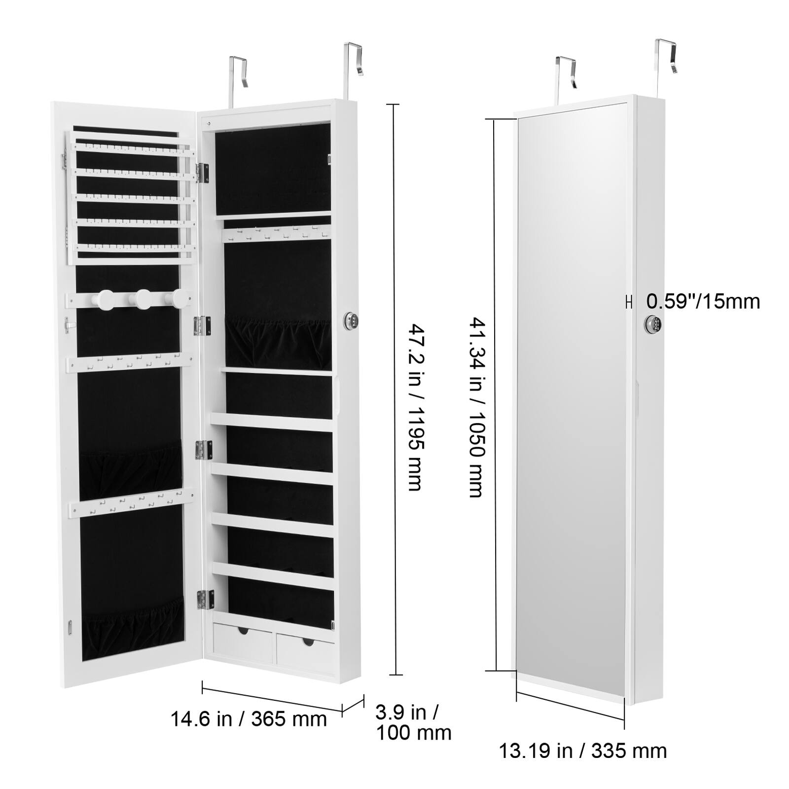 - Width: 47.2 in / 1195 mm
- Height: 41.34 in / 1050 mm
- Depth: 14.6 in / 365 mm
- Shelf Depth: 3.9 in / 100 mm
- Overall Depth: 13.19 in / 335 mm
- Height of the unit: 0.59"/15mm