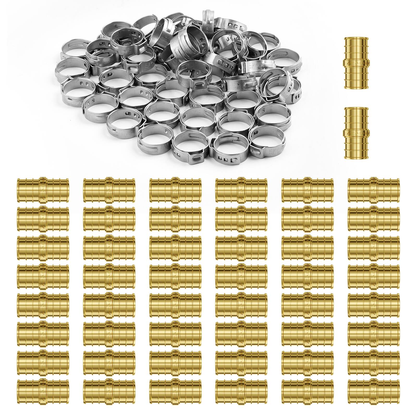 Front. VEVOR - Pipe Fittings, 1/2" 50PCS Brass Pipe Fittings, Clamp-style Straight-Through Pipe Connector Brass Air Fittings - Brass color.