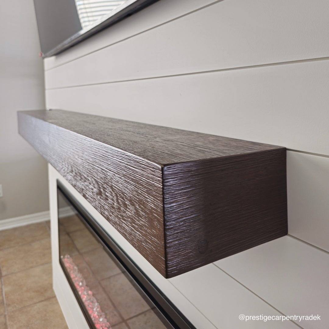 Angle. Touchstone Home Products - Fireplace Mantel Shelf , 60" x 8" x 4.75", Solid Pine Wood Mantel for Over Fireplace - Espresso Finish.