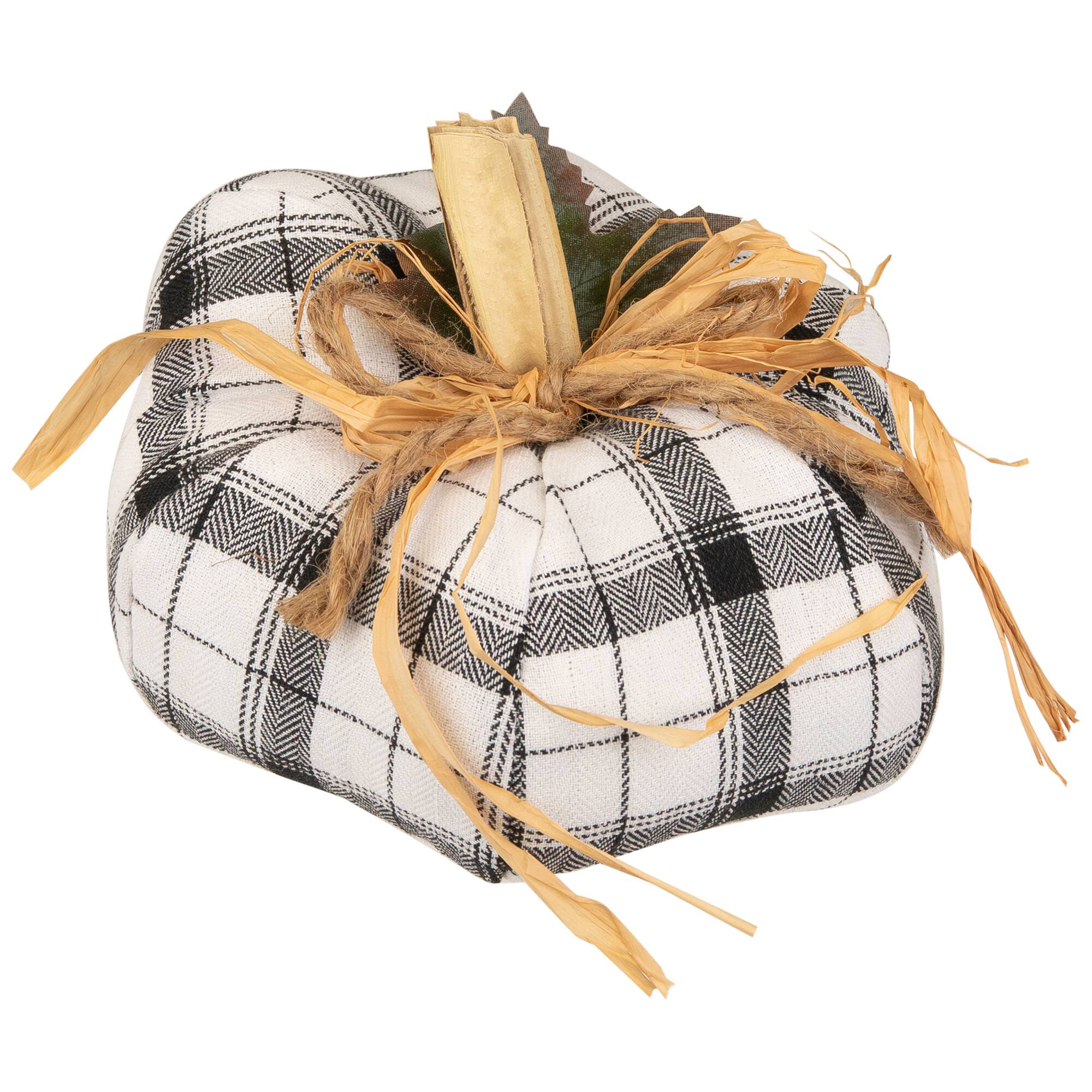 Alt View 3. Northlight - Plush Plaid and Jute Pumpkin Fall Harvest Decoration - 6.5" - White and Black - White.