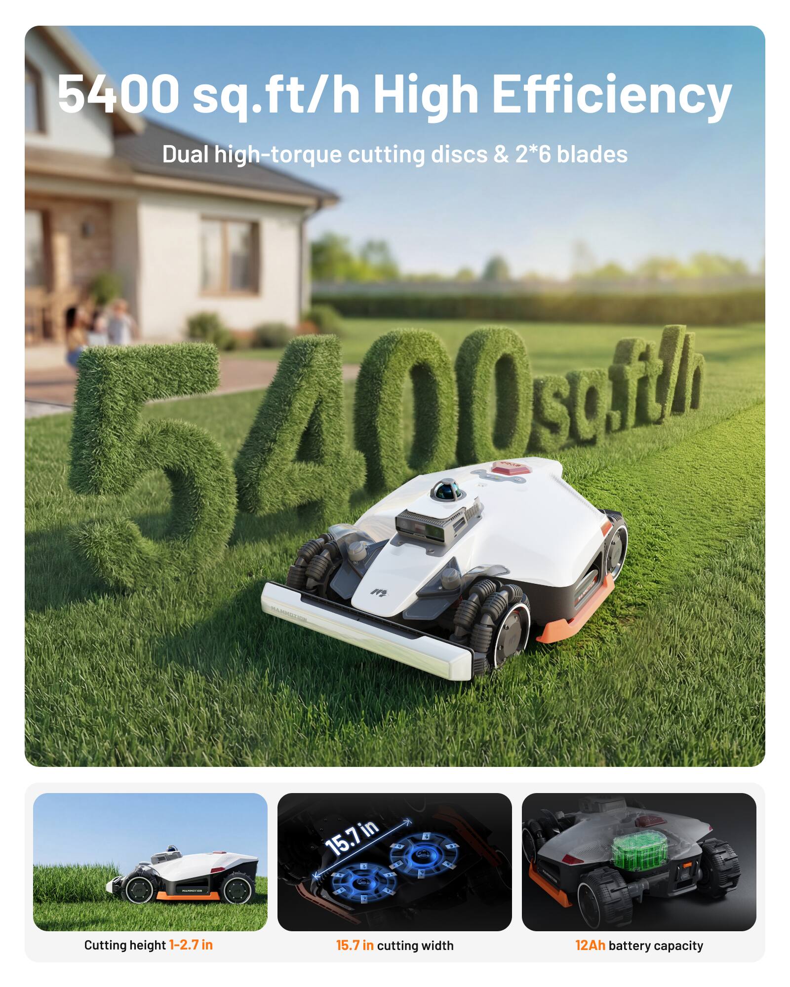 5400 sq.ft/h High Efficiency  
Dual high-torque cutting discs & 2*6 blades  

Cutting height: 1-2.7 in  
Cutting width: 15.7 in  
Battery capacity: 12Ah