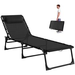 PULUZ - Folding Chaise Lounge Pool Chair with 4-Position Reclining Back, Pillow, Breathable Mesh & Bungee Seat - Black