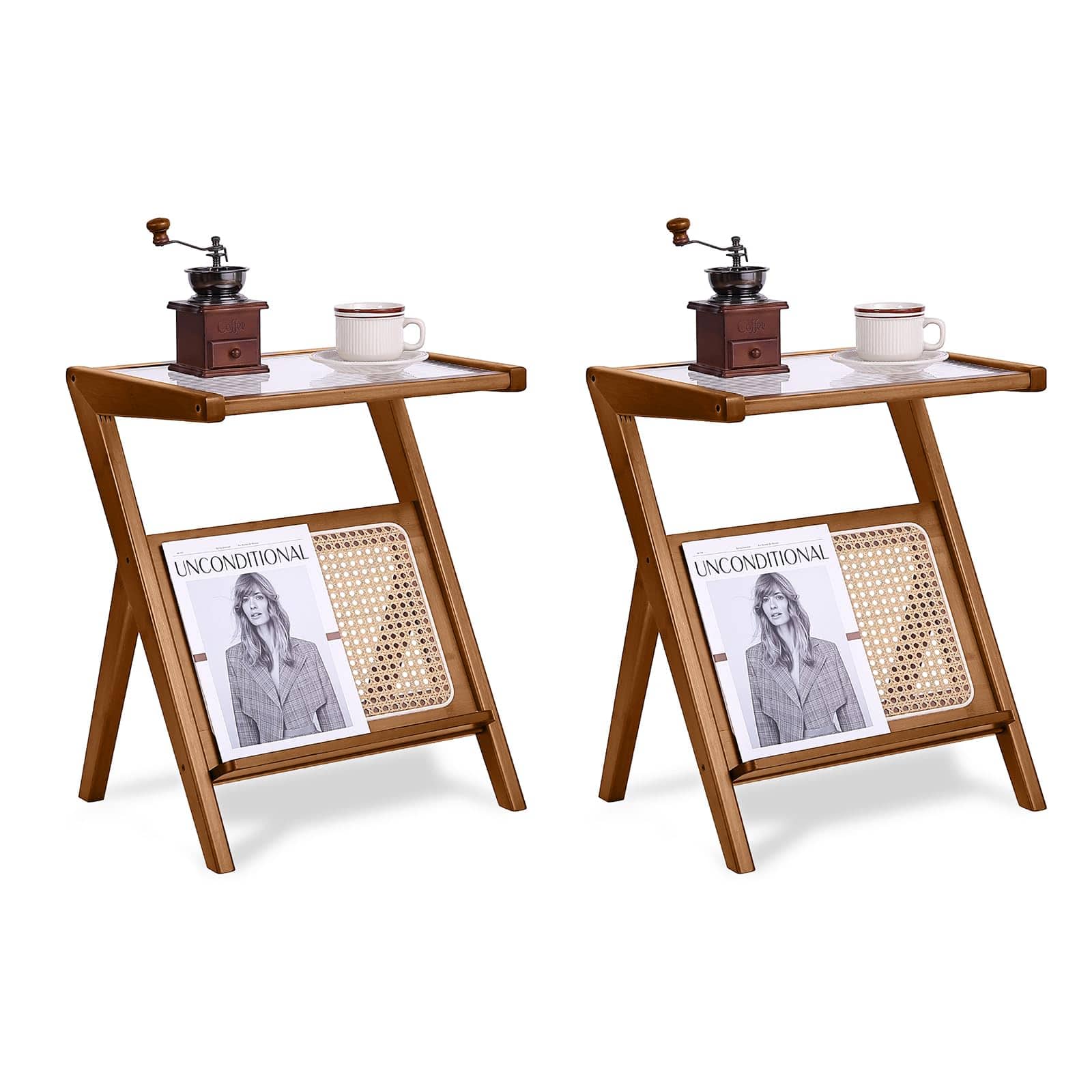 Empire DigiLabs - Rattan Nightstand Side Table Accent Bedside Tables Glass Coffee Boho Wooden End With Storage For Space Livi - 2 Pack Rattan-s-brown