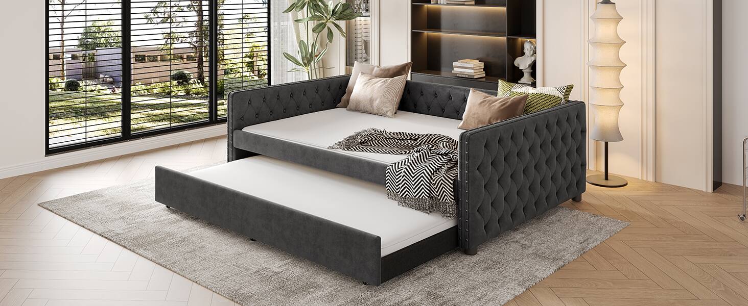 Alt View 10. Tiramisubest - Full Size Daybed, Upholstered Tufted Sofa Bed with Trundle,  Full Daybed with Twin Trundle, Gray - Gray.