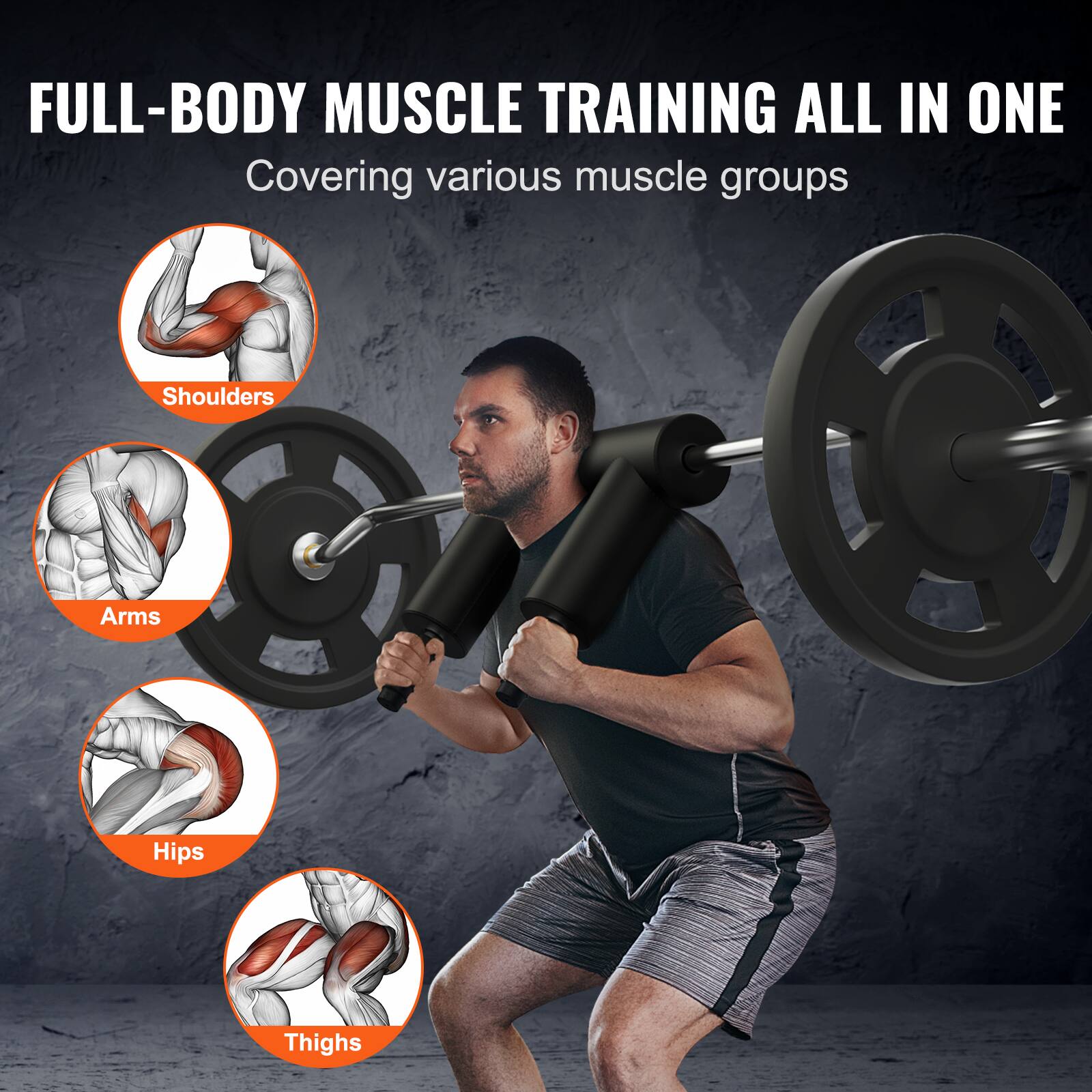 Full-body muscle training all in one

Shoulders
Arms
Hips
Thighs