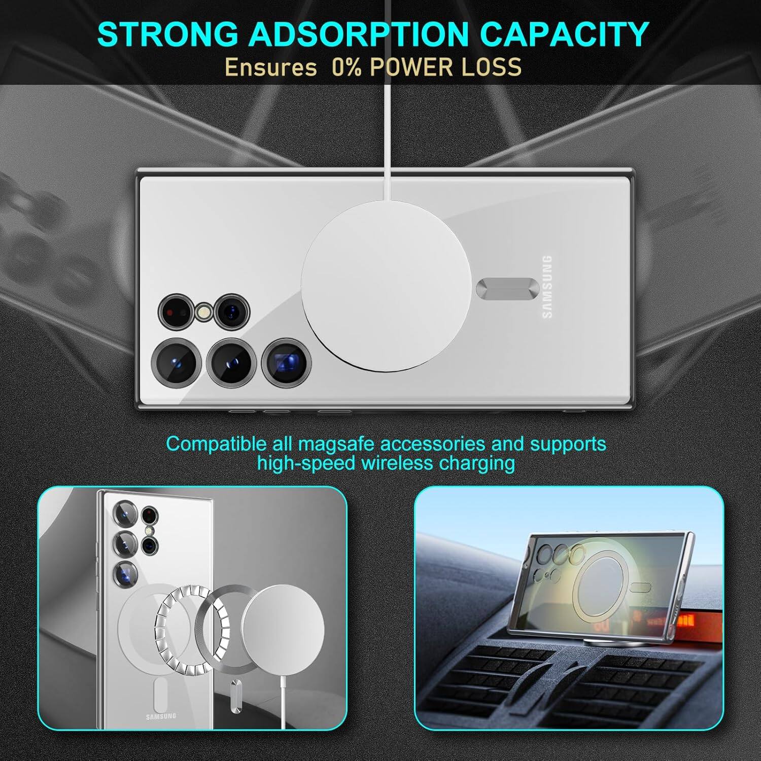 STRONG ADSORPTION CAPACITY, Ensures 0% POWER LOSS, SAMSUNG, Compatible all magsafe accessories and supports high-speed wireless charging, AE SAMSUNG