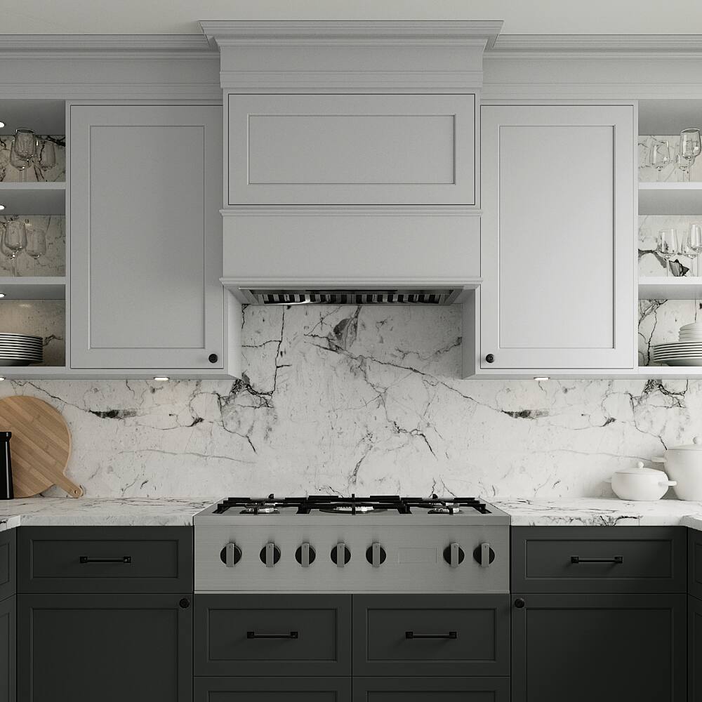 Left. Streamline - 28 in. Lamon Ducted Insert 350 CFM Range Hood, Baffle Filters, Touchpad Control, LED Lights - Brushed Stainless Steel.