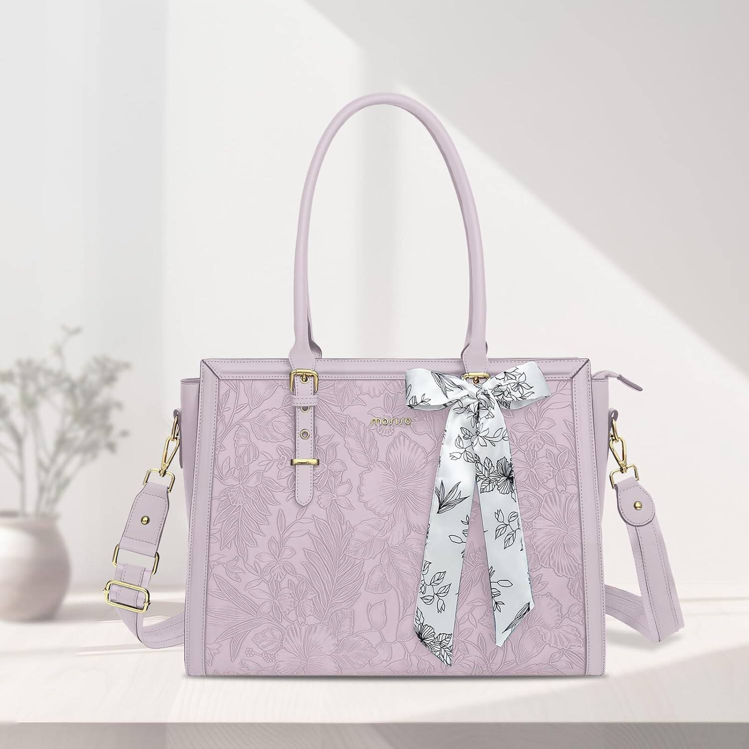 Left. mosiso - Laptop Bag for Women 17-17.3 inch PU Leather Tote Bag Work Briefcase Computer Bags - Dusty Lilac.